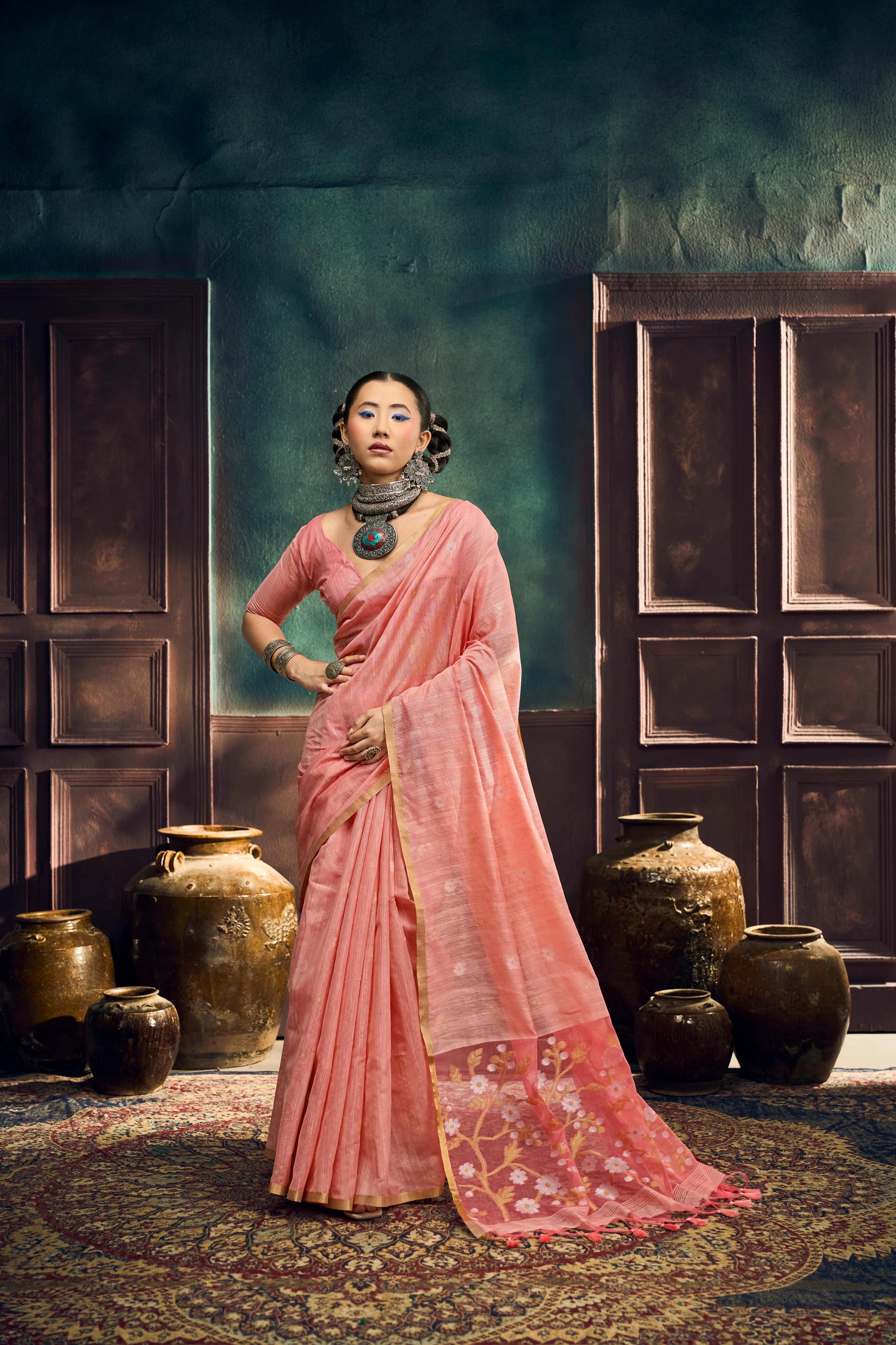 Pure Munga Cotton Casual Wear Peach With Handloom Work