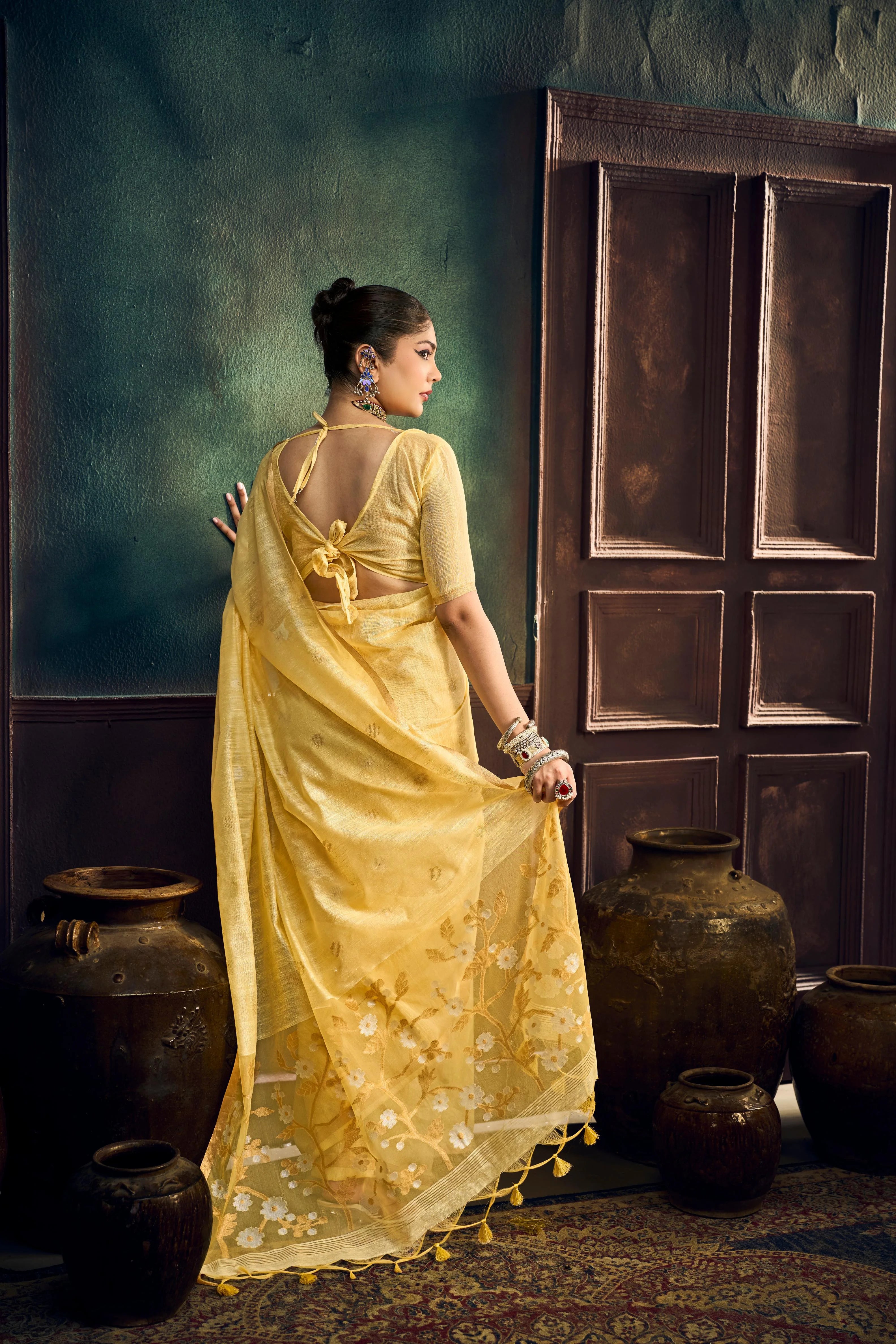 Pure Munga Cotton Casual Wear Yellow With Handloom Work