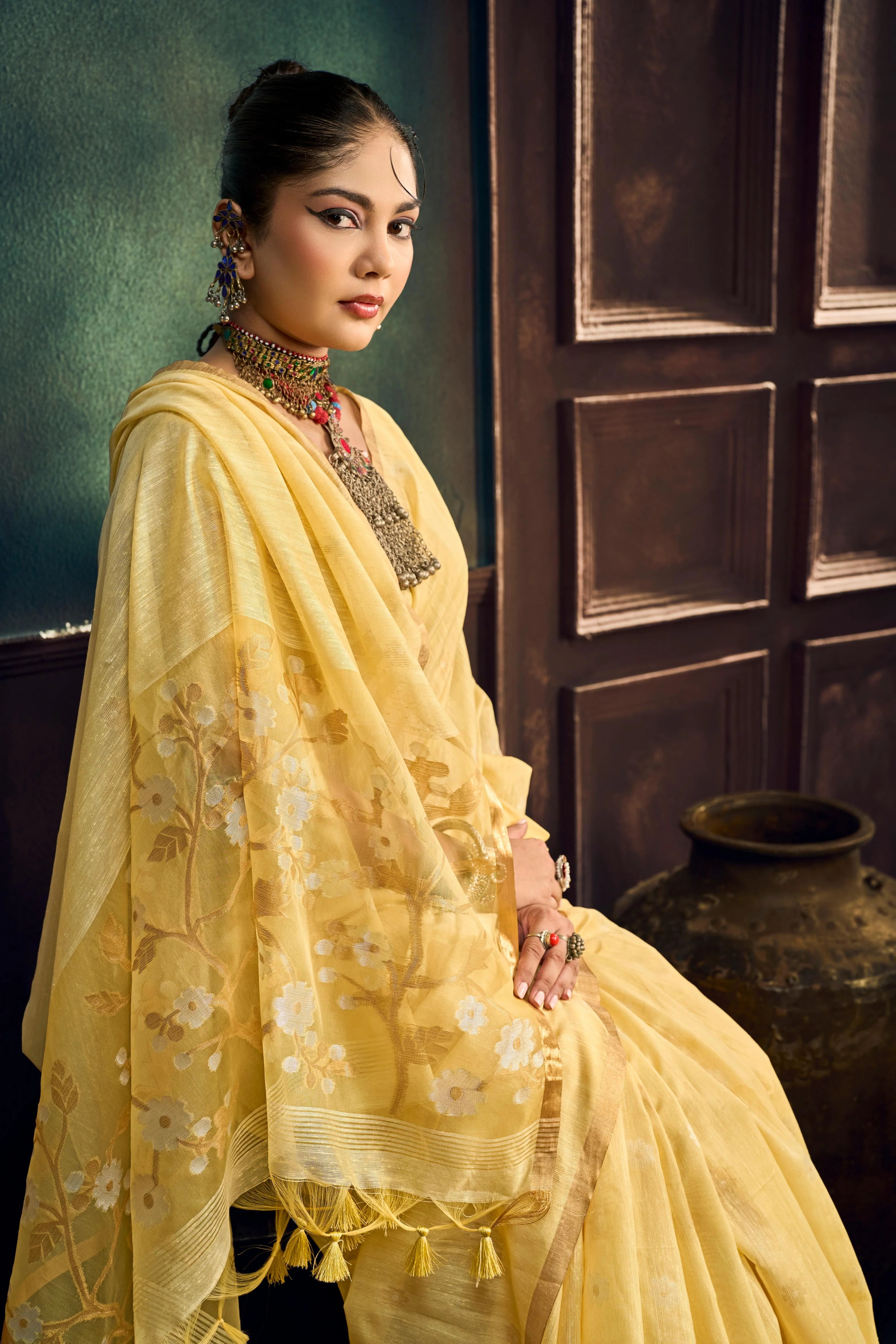 Pure Munga Cotton Casual Wear Yellow With Handloom Work