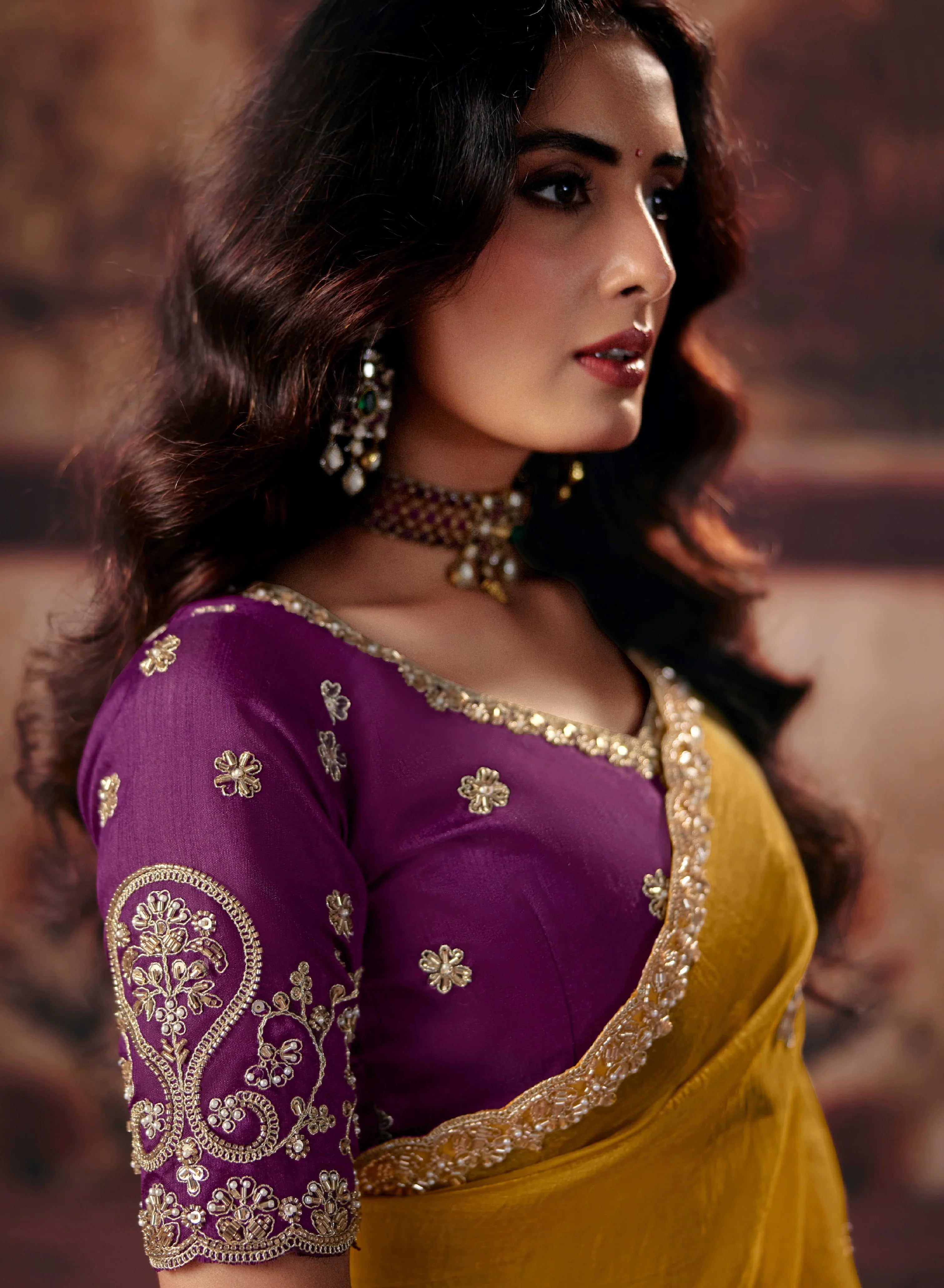 Organza Party Wear Mustard With Handwork Motif Work