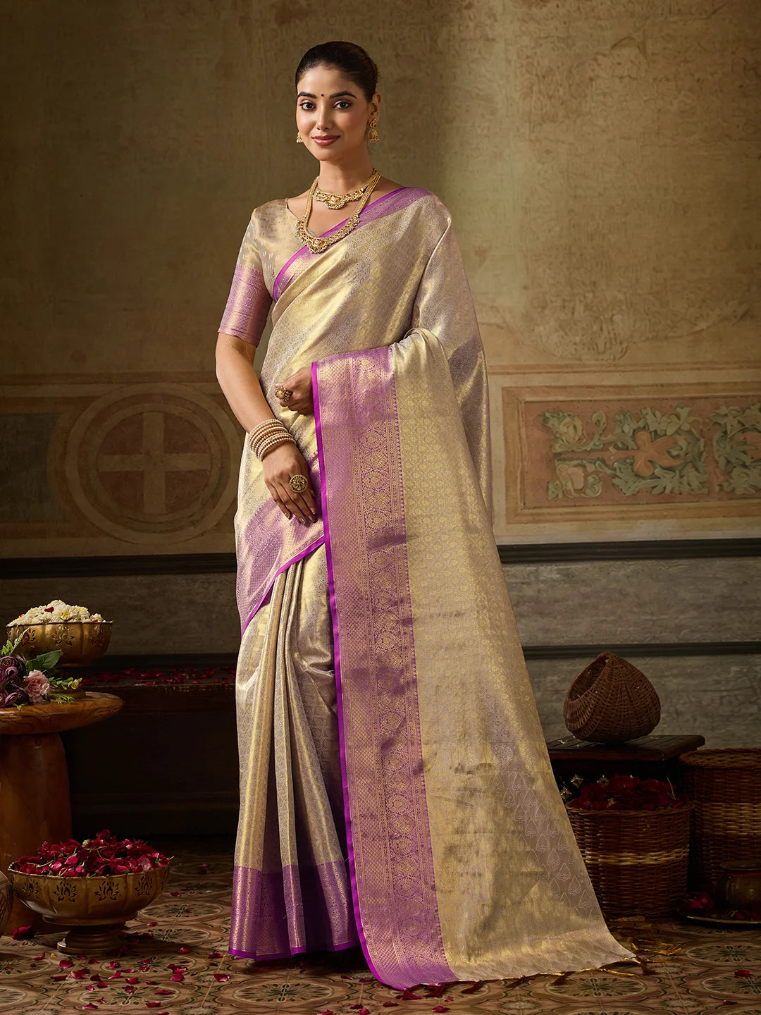 Kanchivaram Silk Festival Wear Beige With Weaving Work