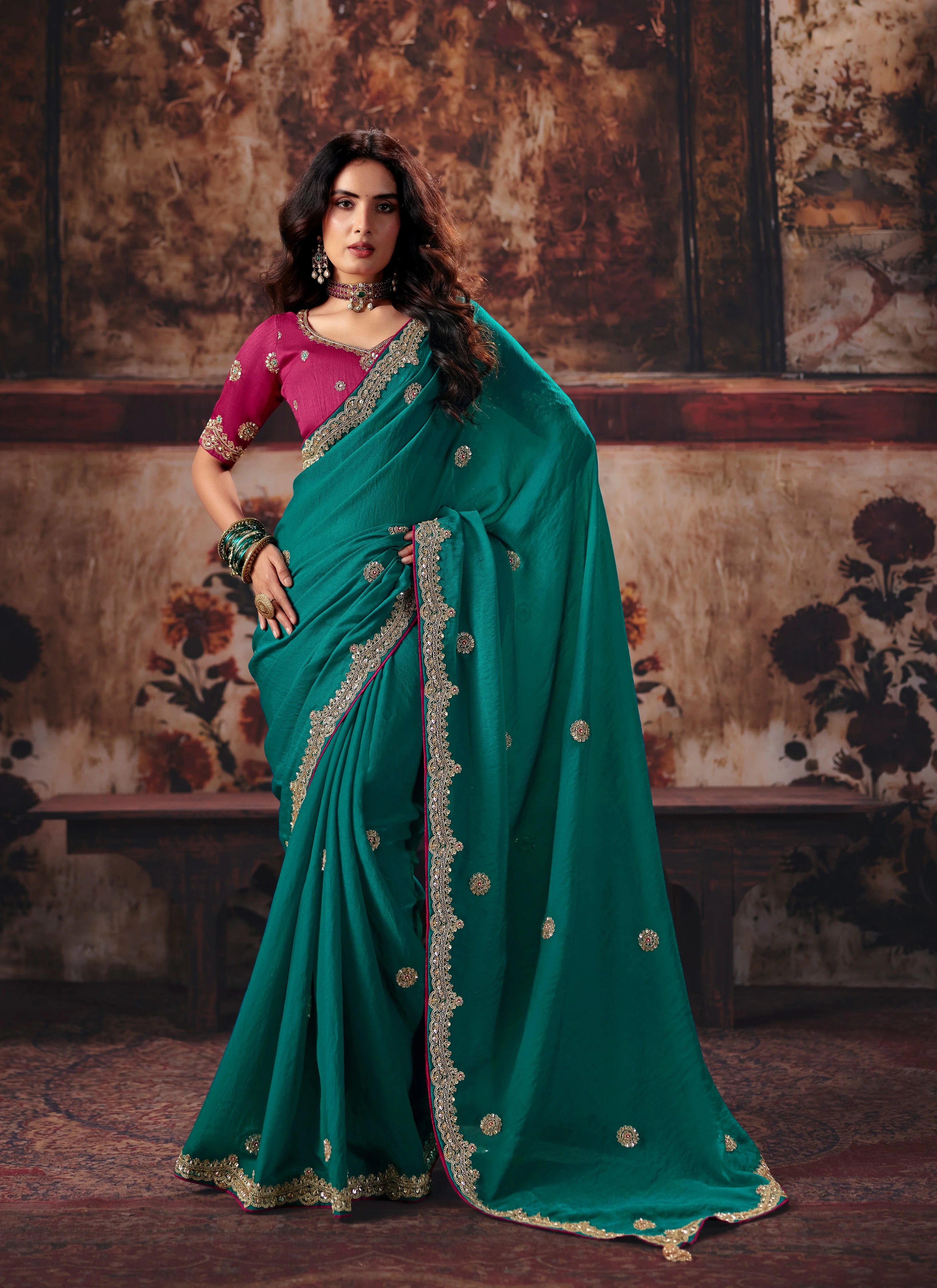 Bemberg Party Wear Teal With Handwork Motif Work