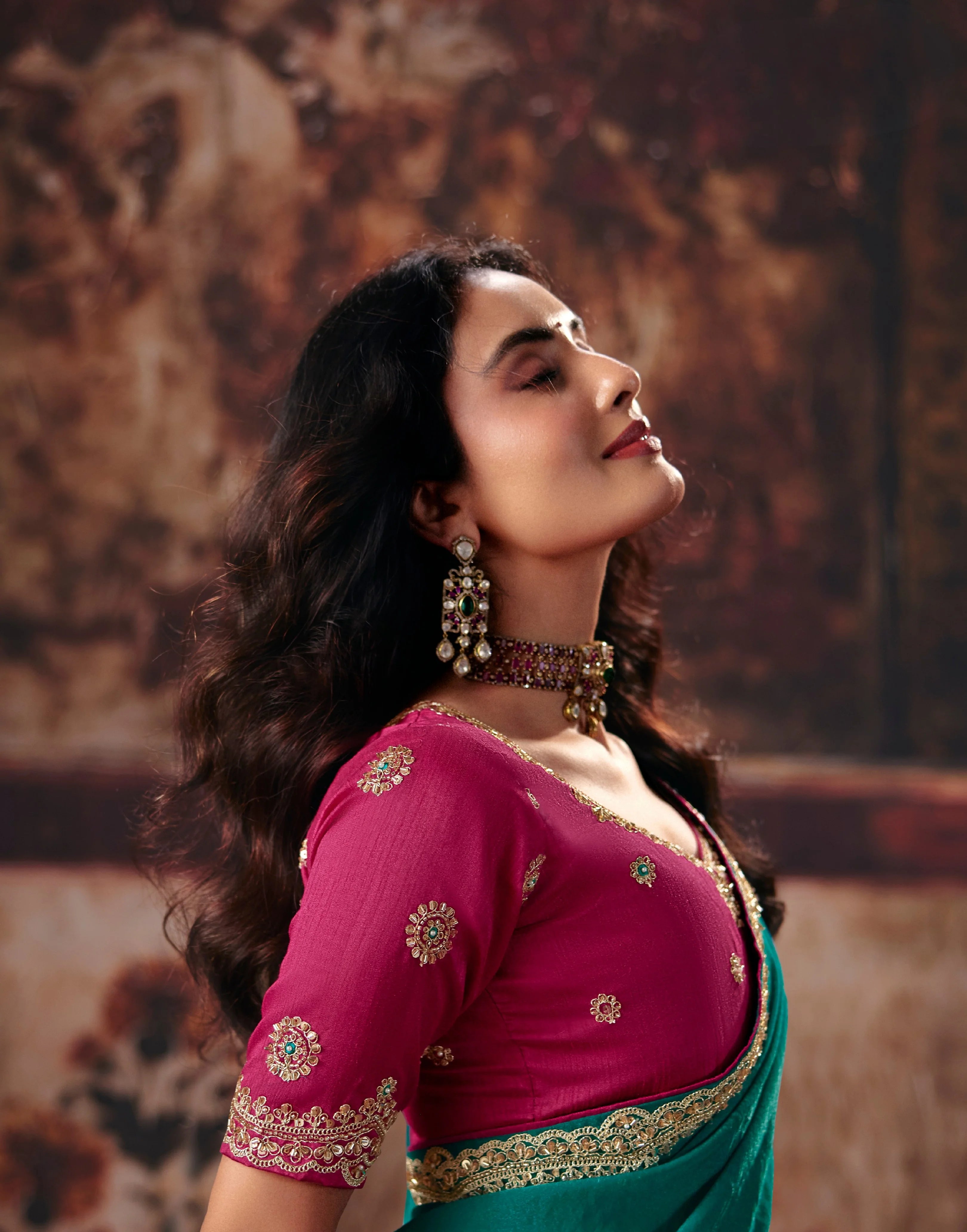 Bemberg Party Wear Teal With Handwork Motif Work
