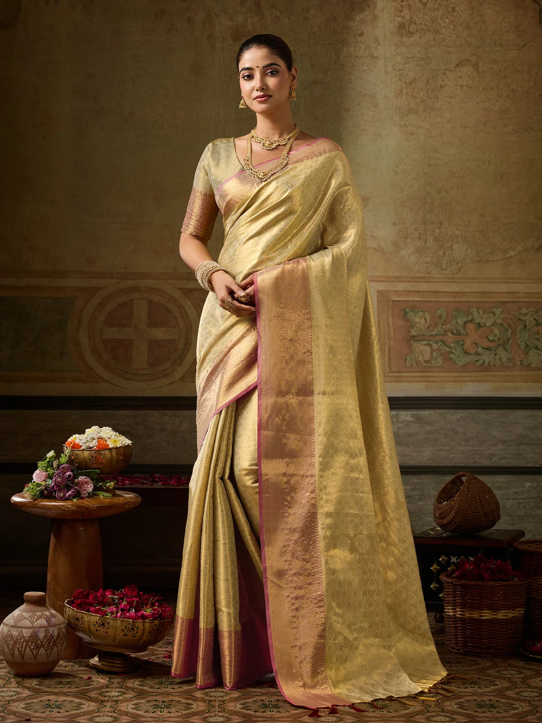 Kanchivaram Silk Festival Wear Golden Beige With Weaving Work