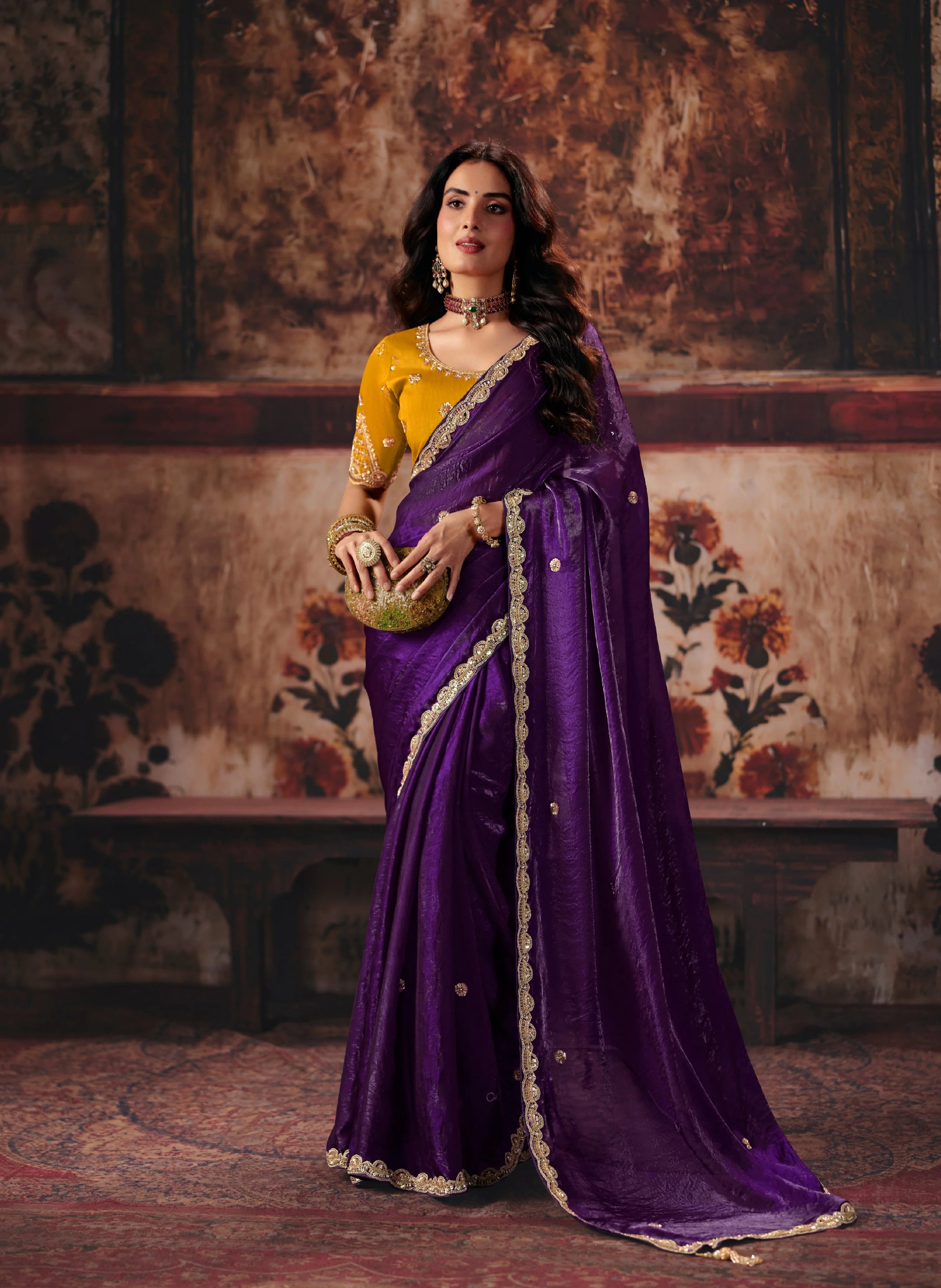 Fendi Satin Party Wear Purple With Handwork Motif Work
