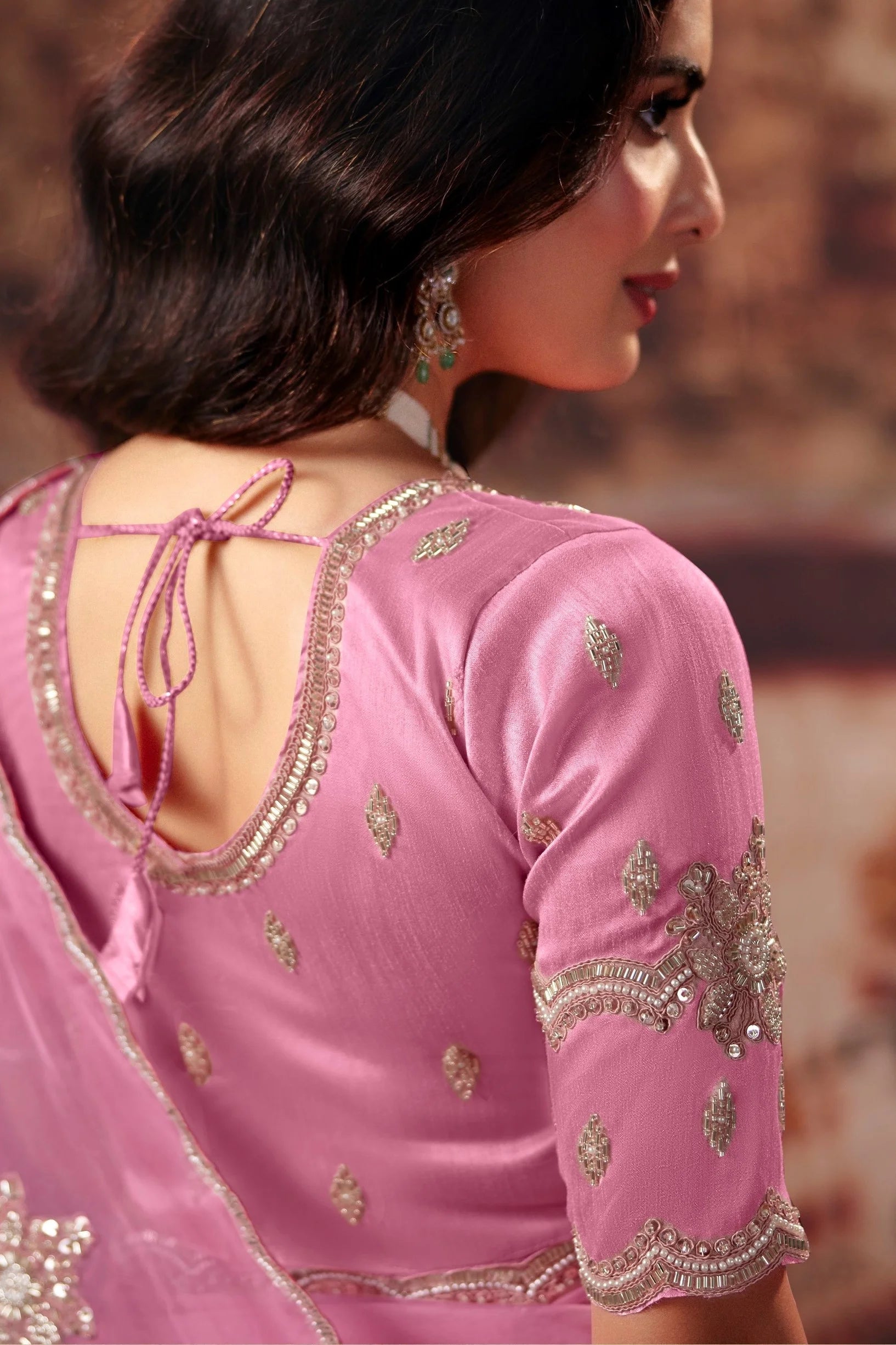 Organza Party Wear Pink With Handwork Motif Work