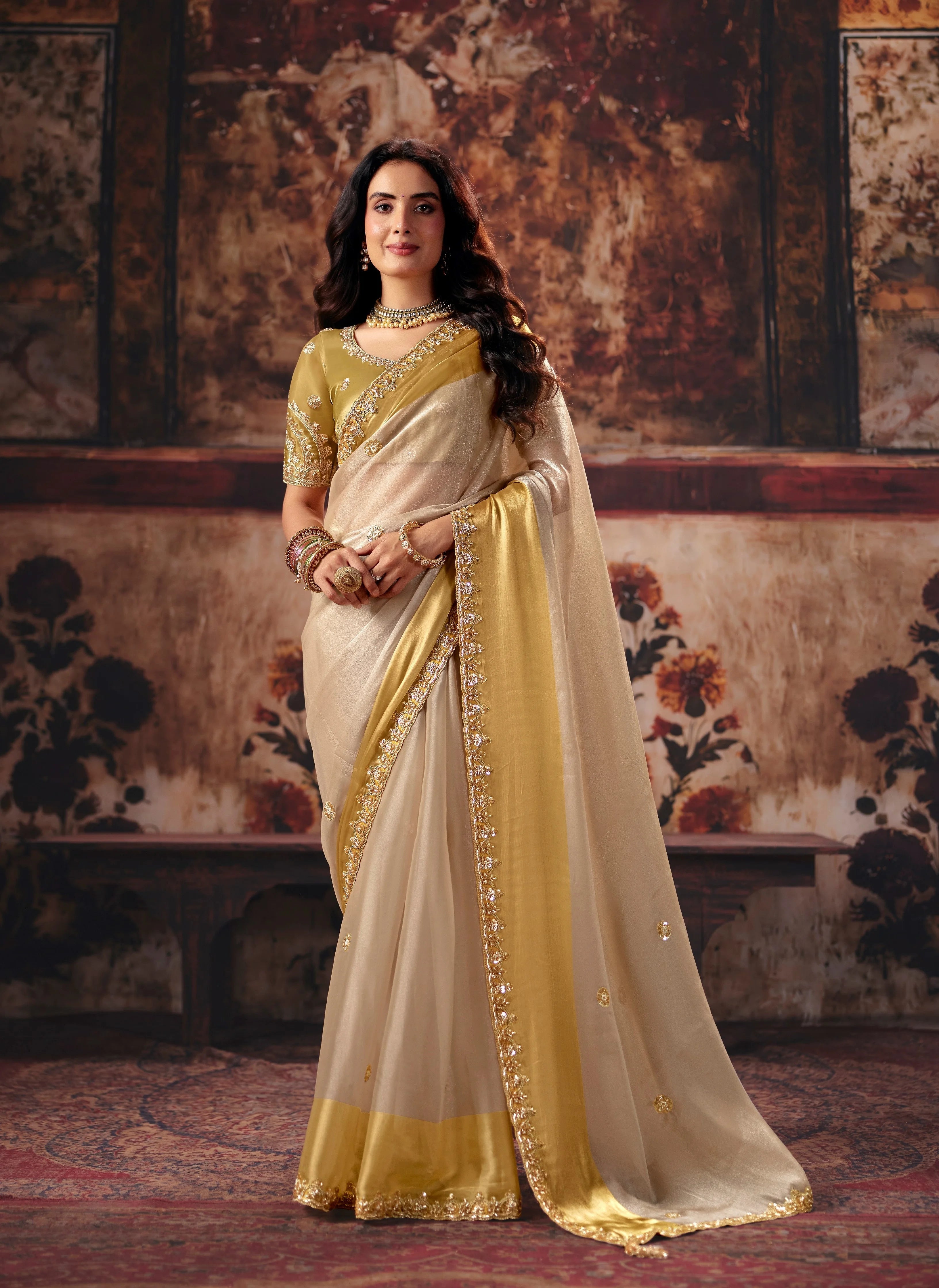 Satin Party Wear Ivory With Handwork Motif Work