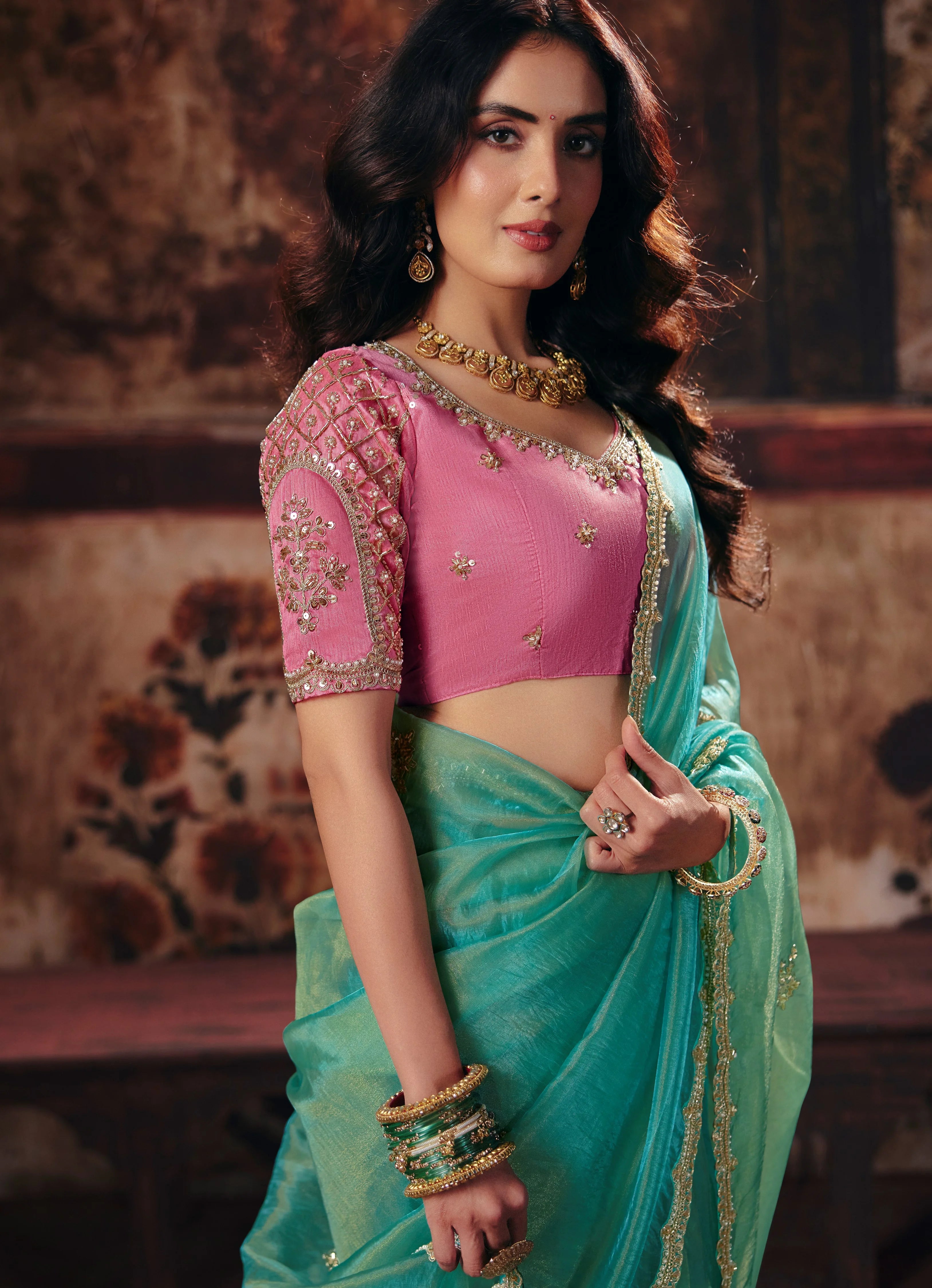 Organza Party Wear Sea Green With Handwork Motif Work
