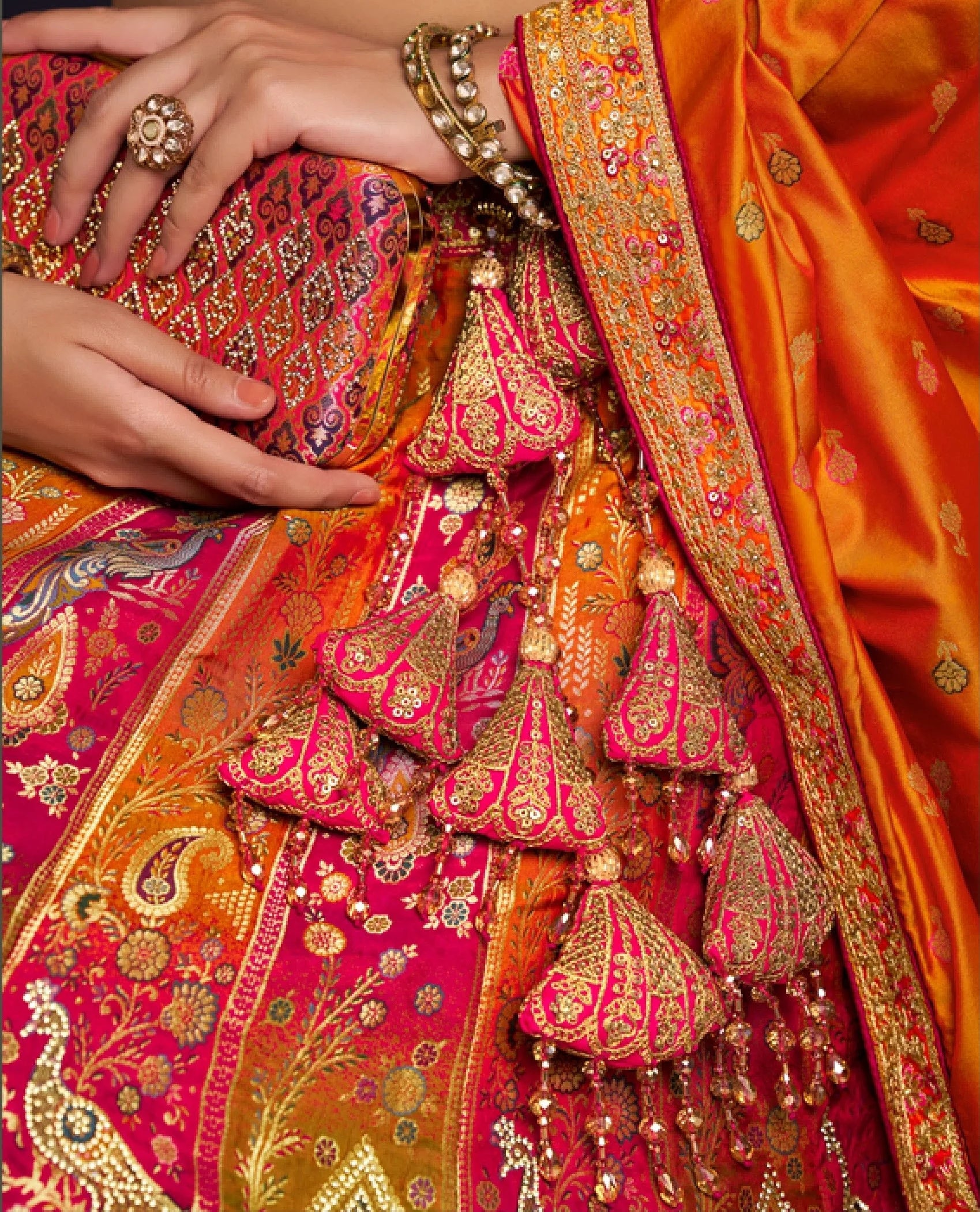 Banarasi Silk Wedding Wear Pink Mustard With Embroidery Work