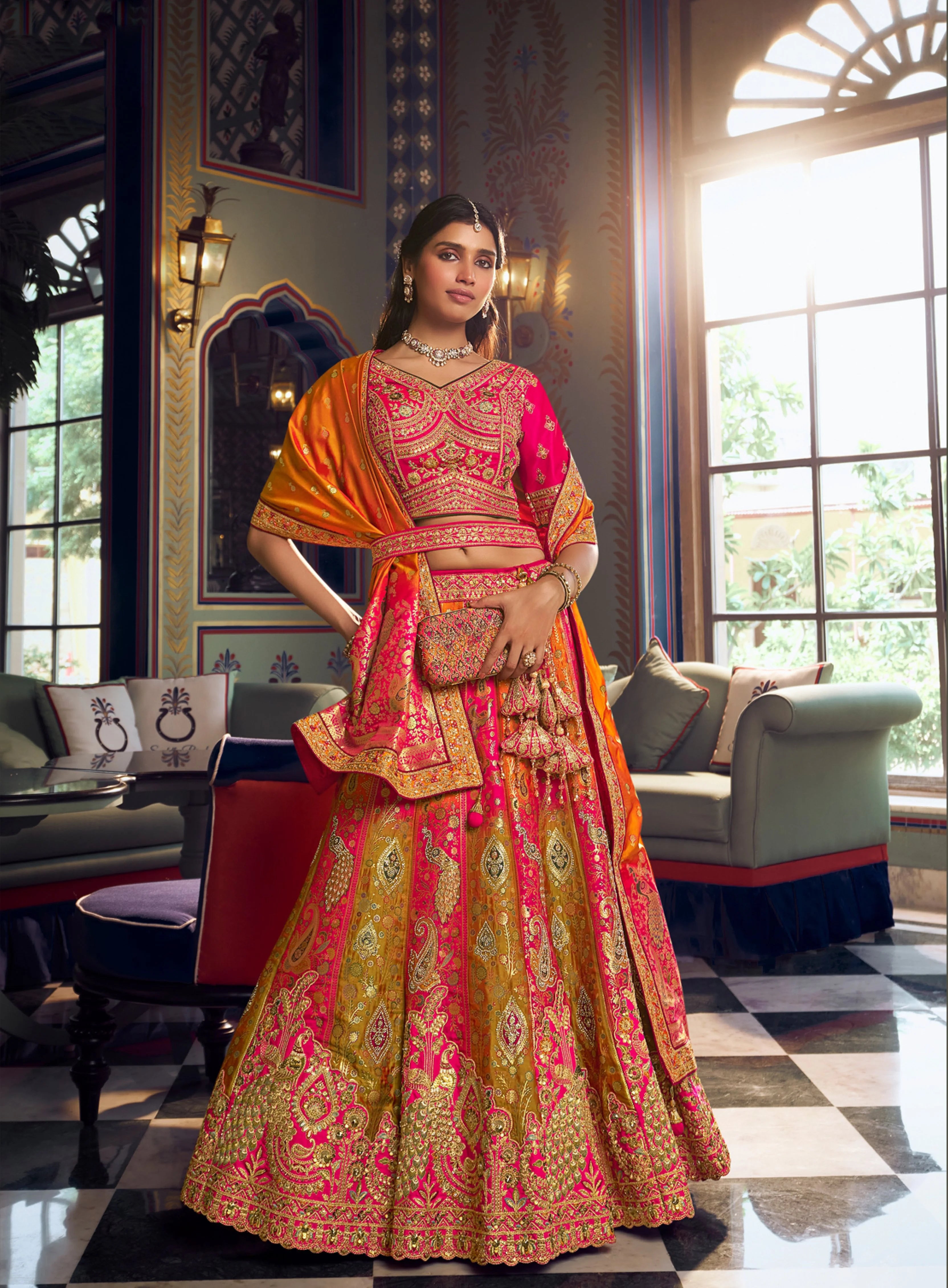 Banarasi Silk Wedding Wear Pink Mustard With Embroidery Work