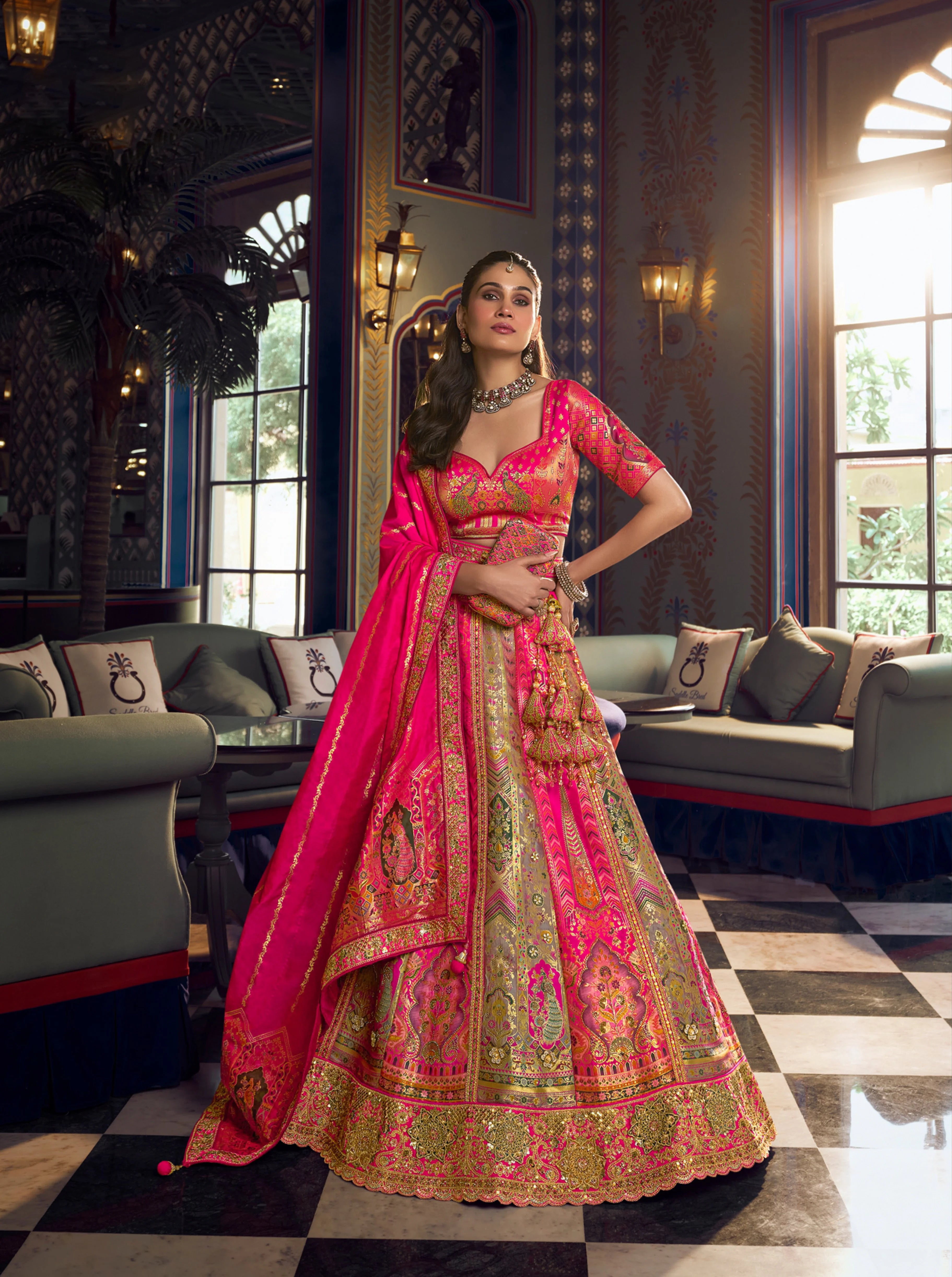 Banarasi Silk Wedding Wear Pink Olive With Embroidery Work