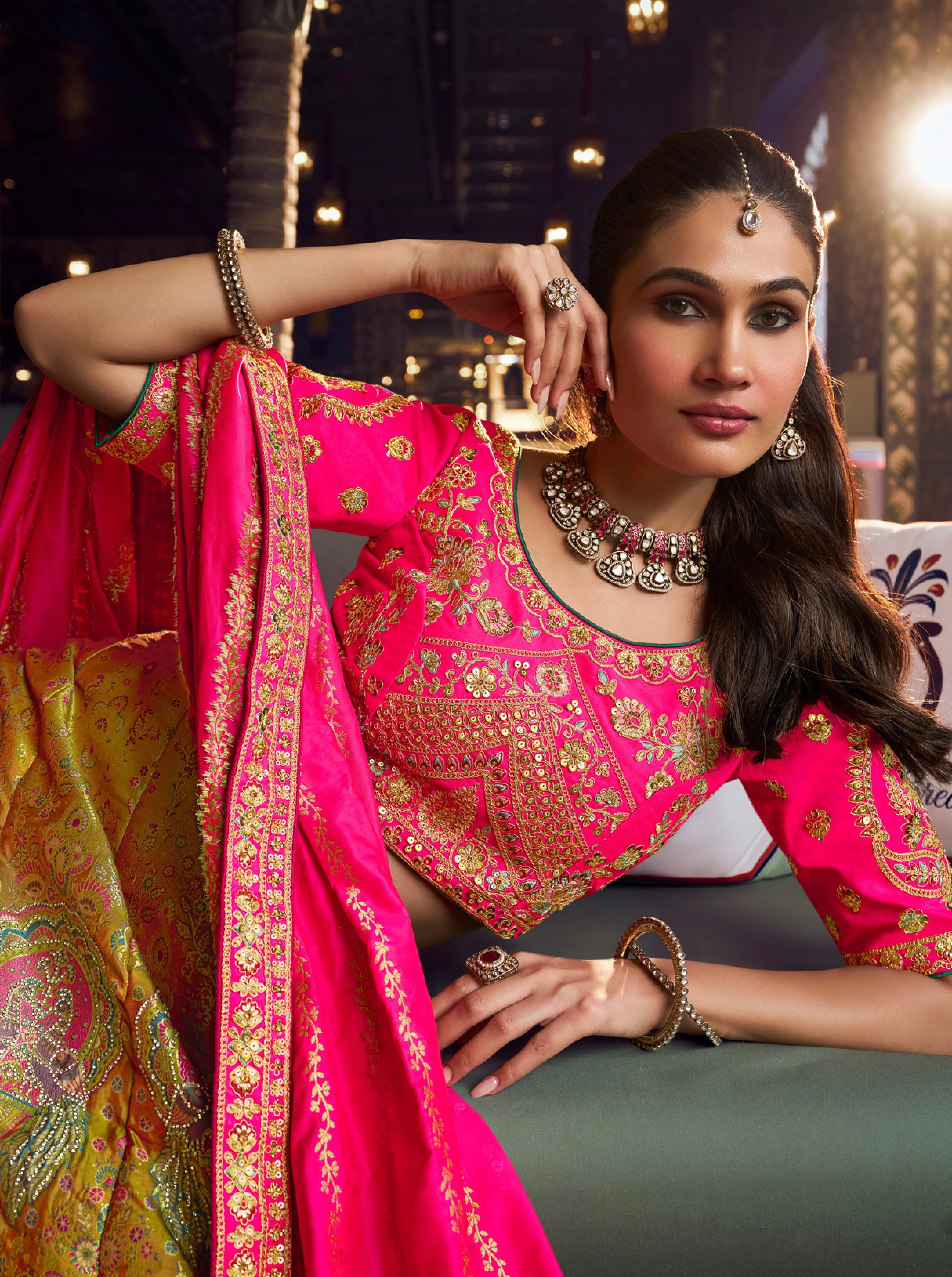 Banarasi Silk Wedding Wear Mustard Pink With Embroidery Work
