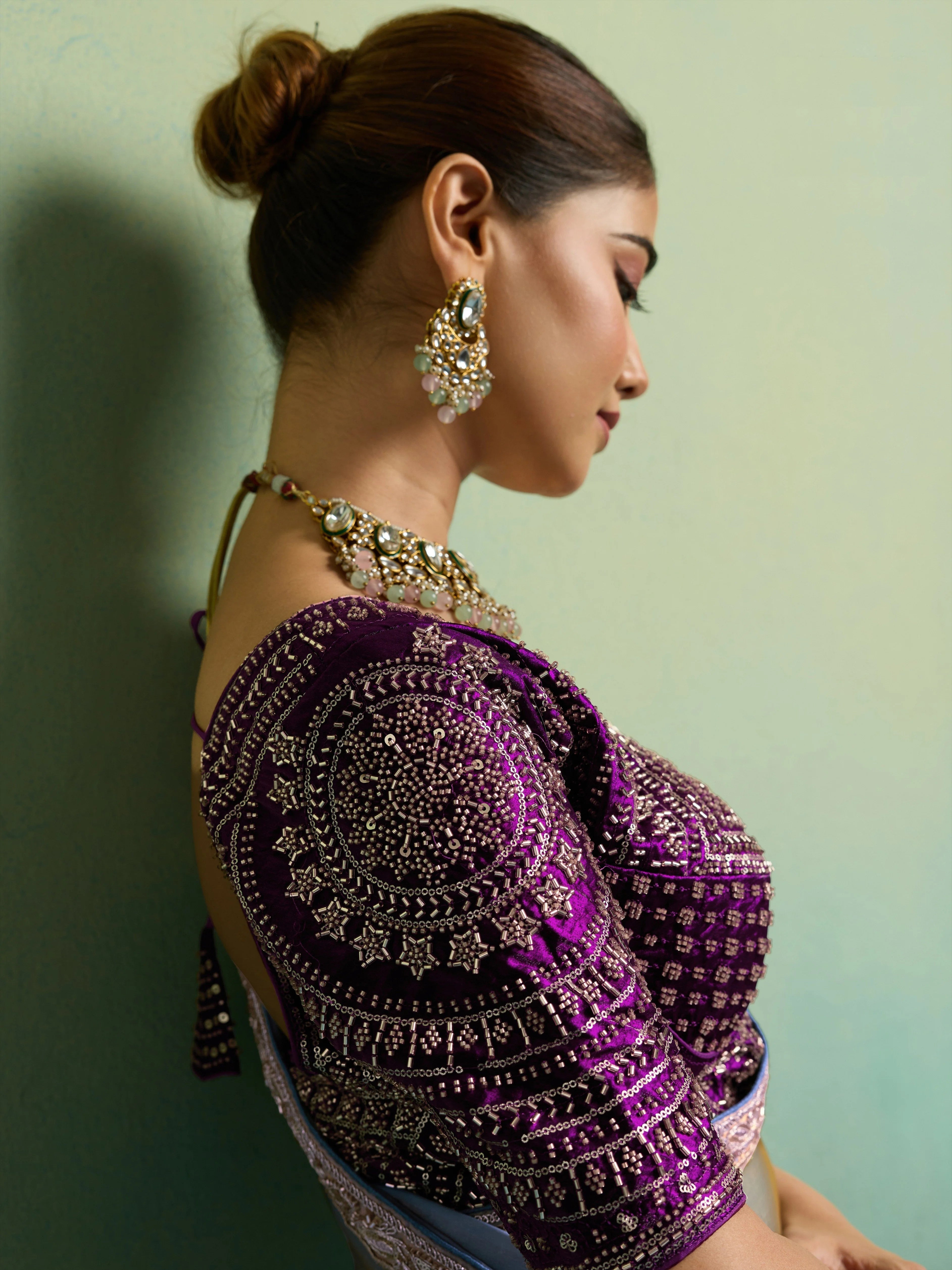 Velvet Satin Party Wear Lavender With Lace Work