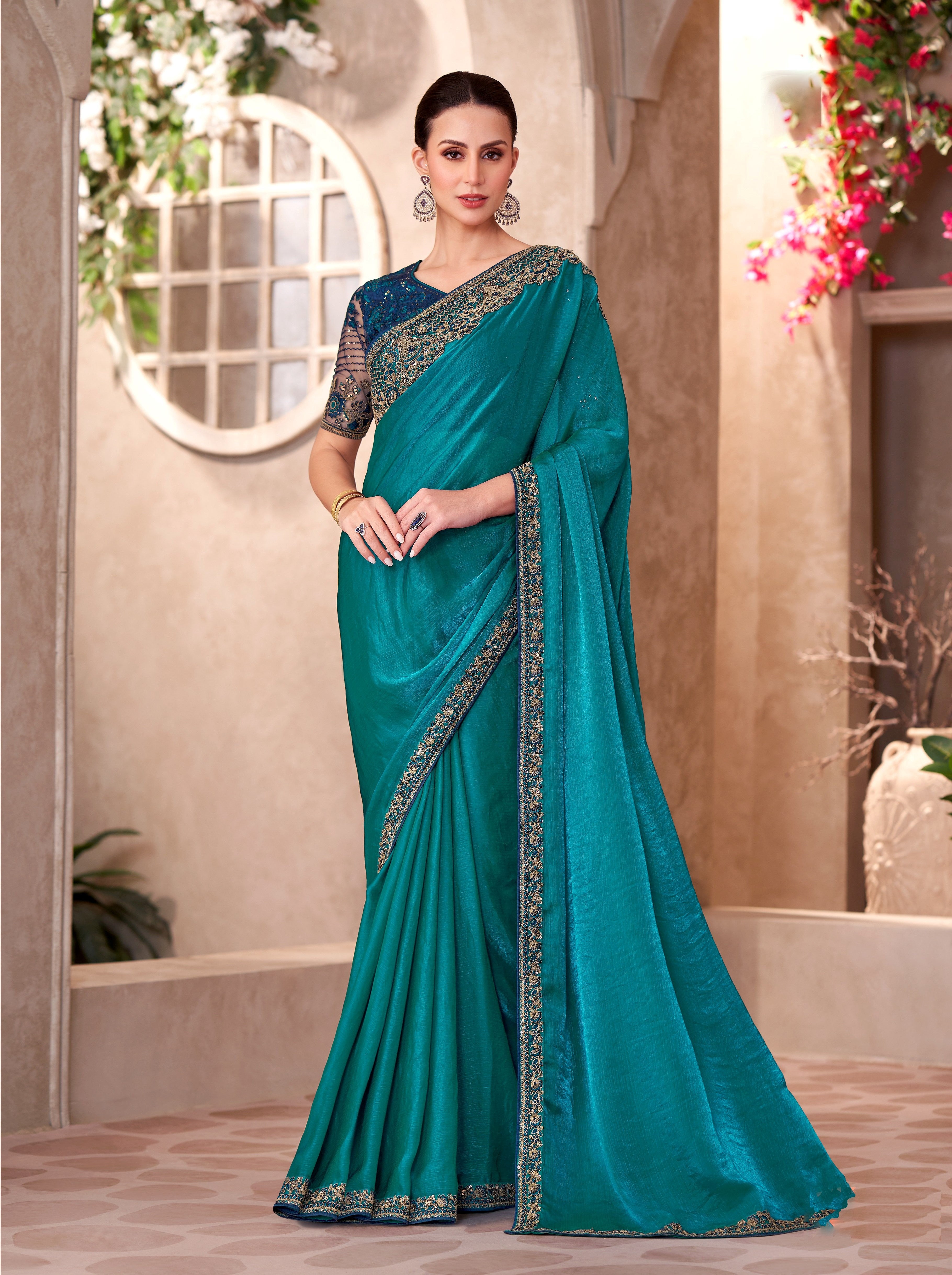 Peacock Blue Satin Georgette Linen Work Saree