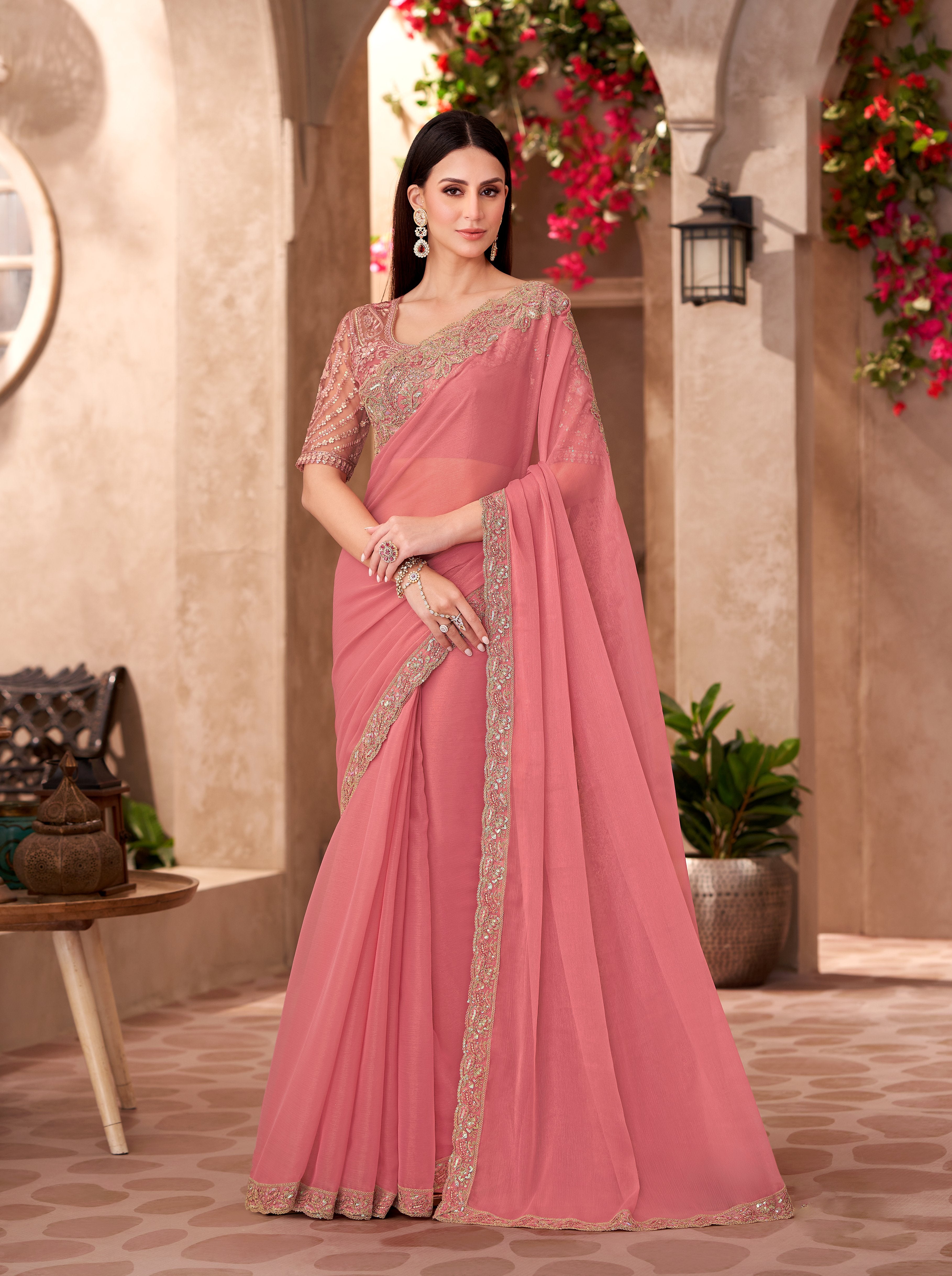 Peach Georgette Work Saree