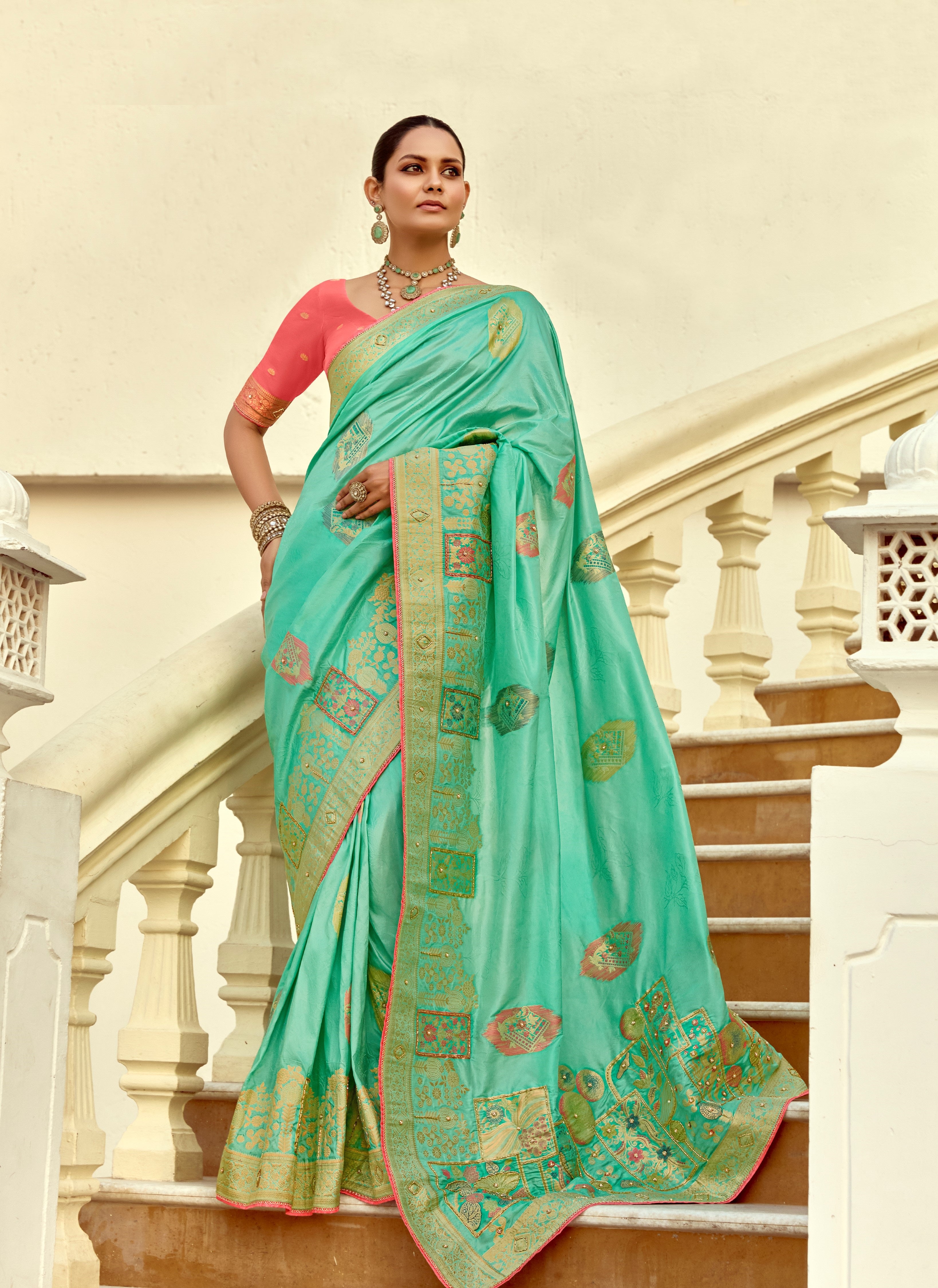 Green Dola Silk Cutdana Work Saree