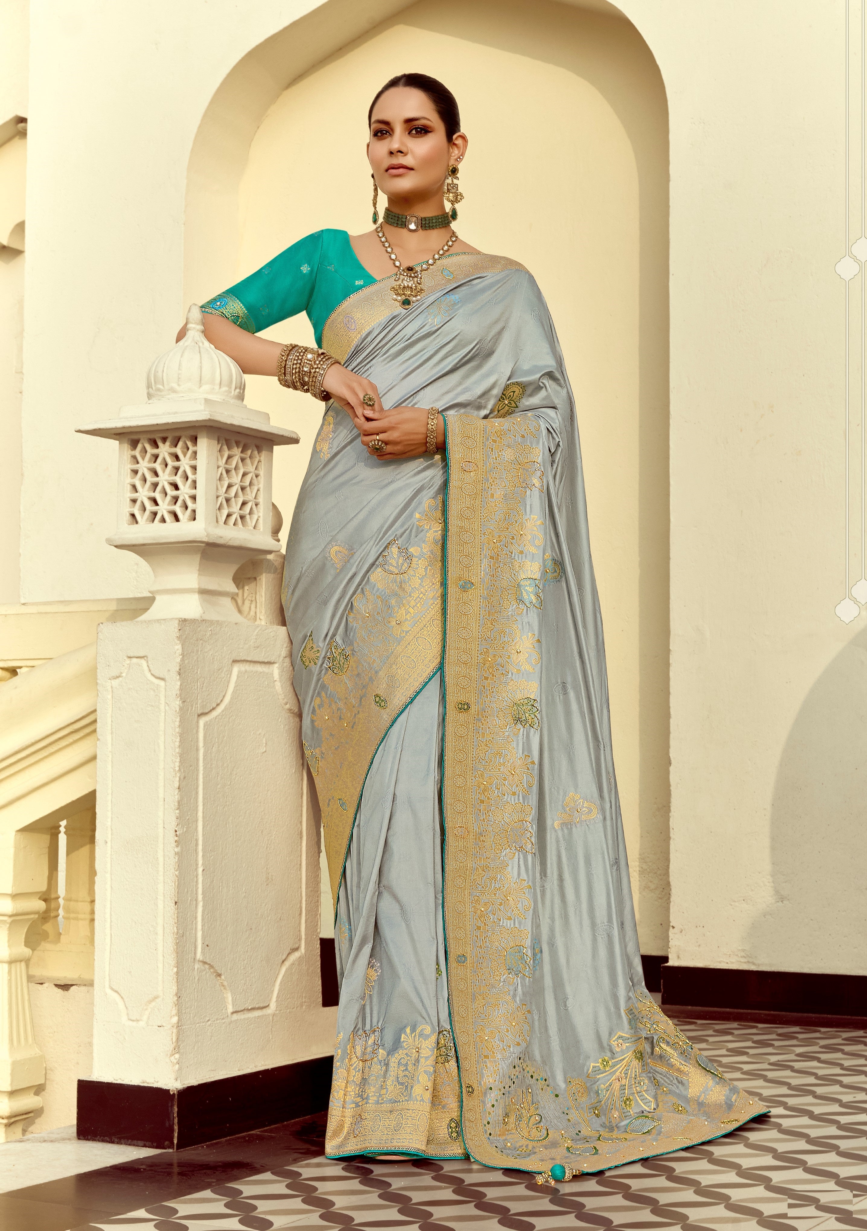 Grey Dola Silk Cutdana Work Saree