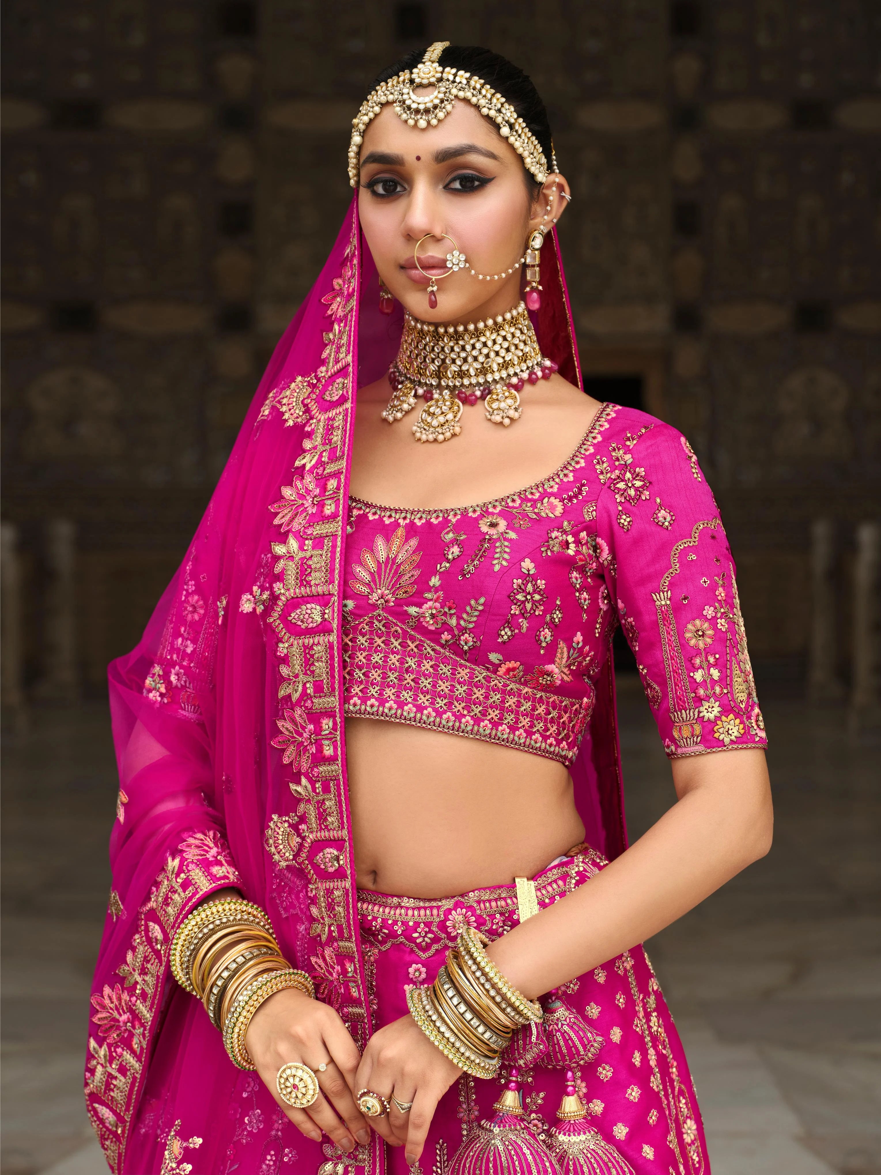 Bridal Silk Wedding Wear Dark Pink With Embroidery Work