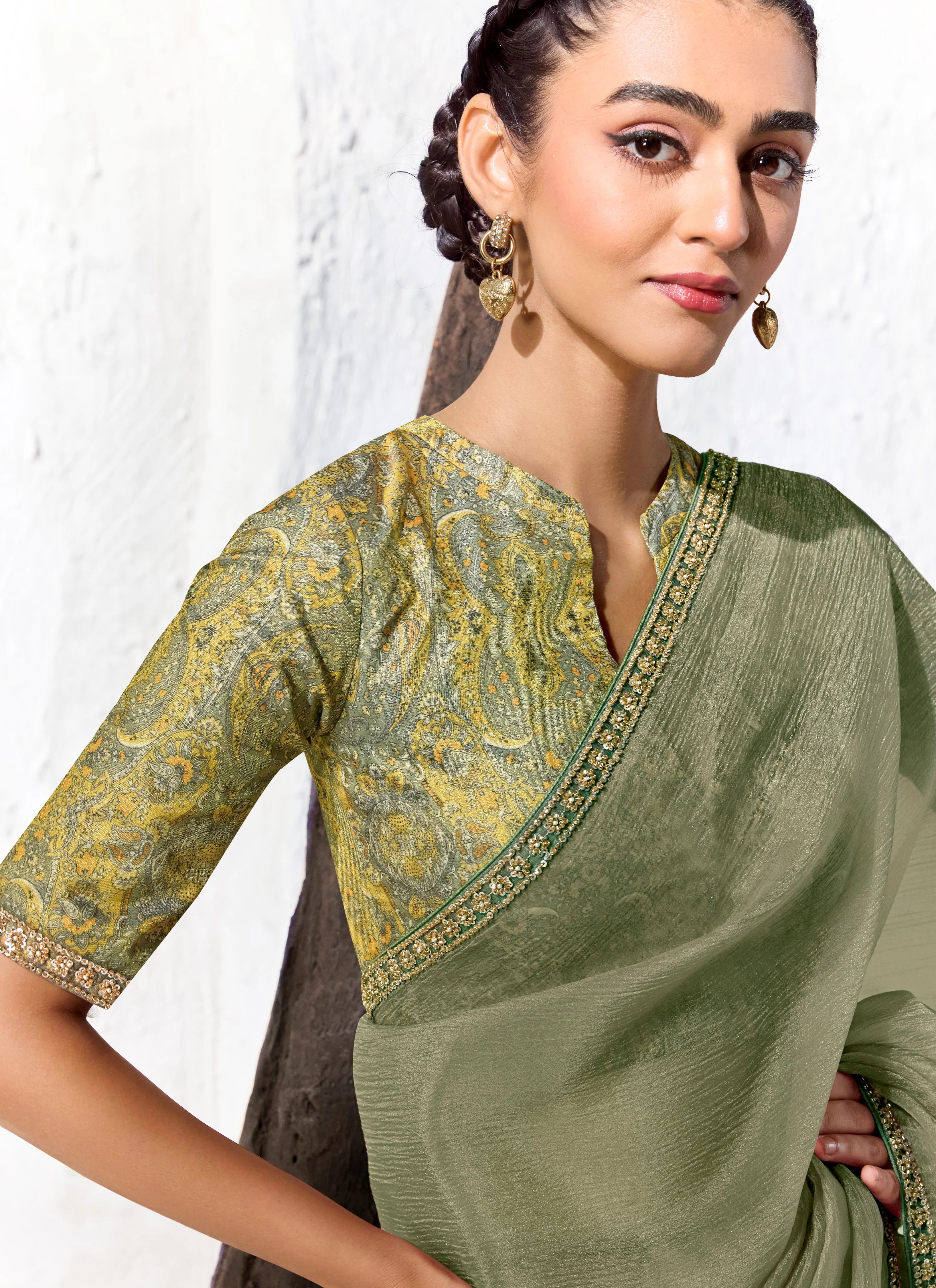 Premium Luxe Silk Festival Wear Sage Green With Lace
