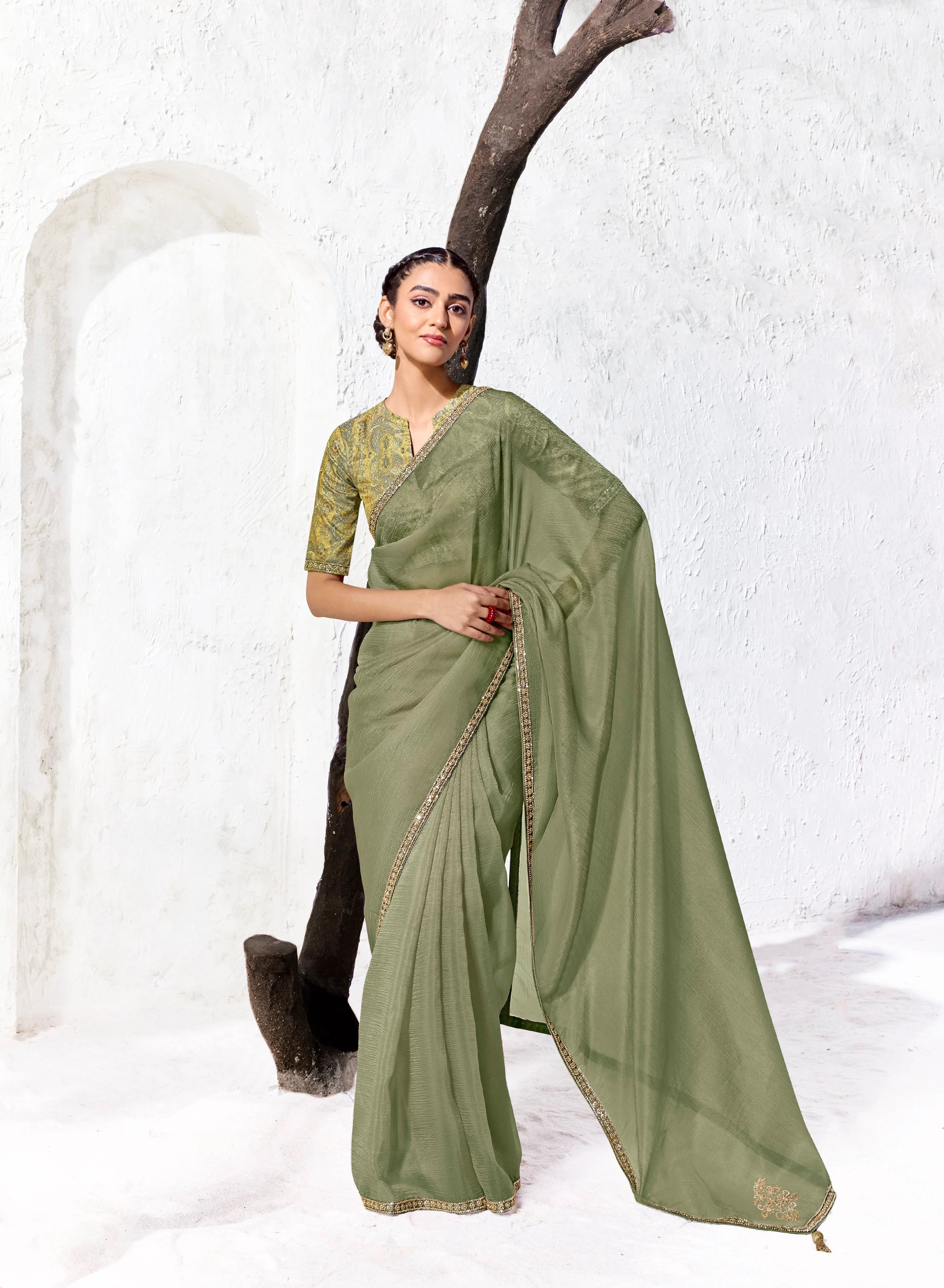 Premium Luxe Silk Festival Wear Sage Green With Lace
