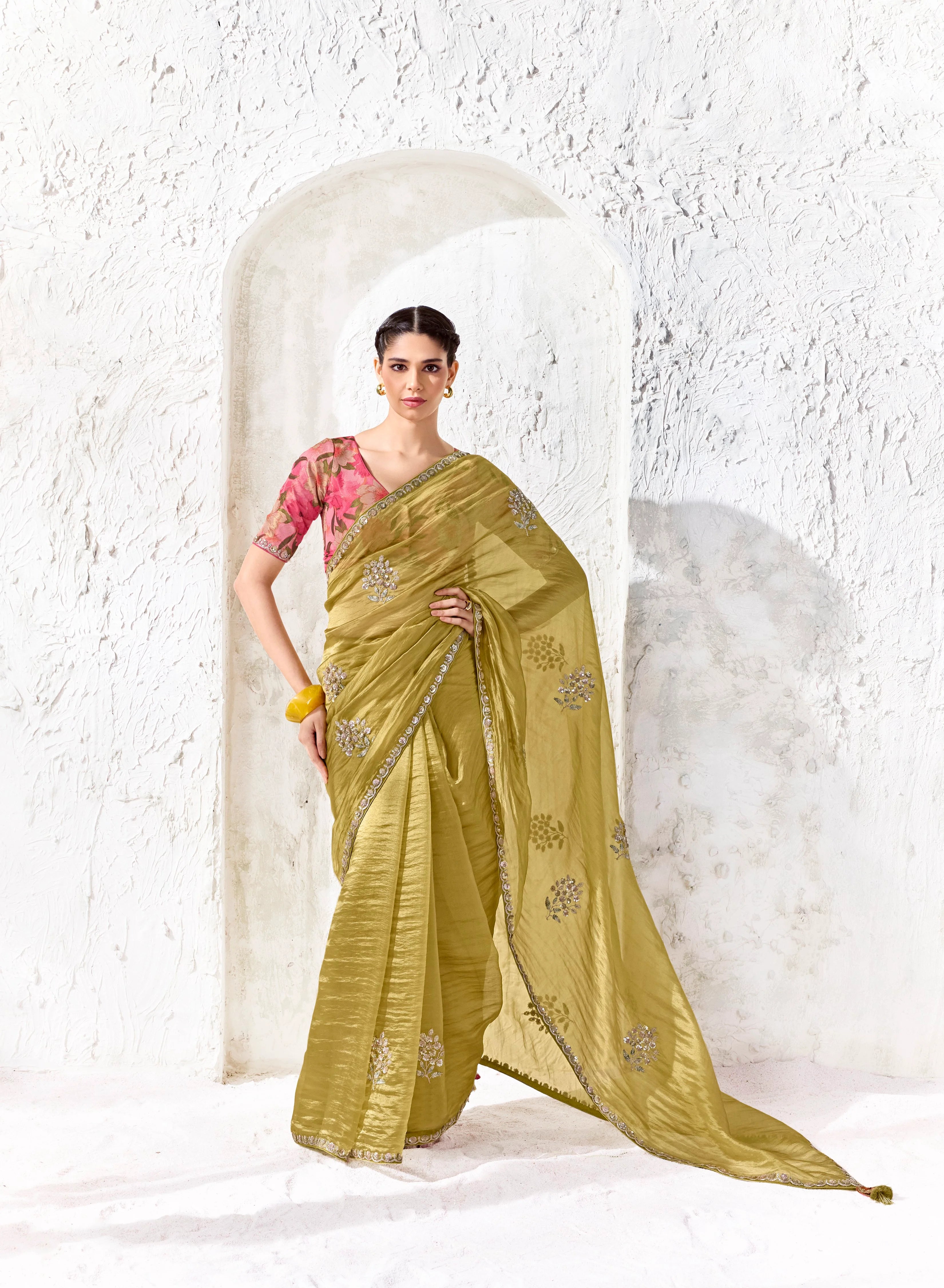 Premium Luxe Silk Festival Wear Olive With Lace