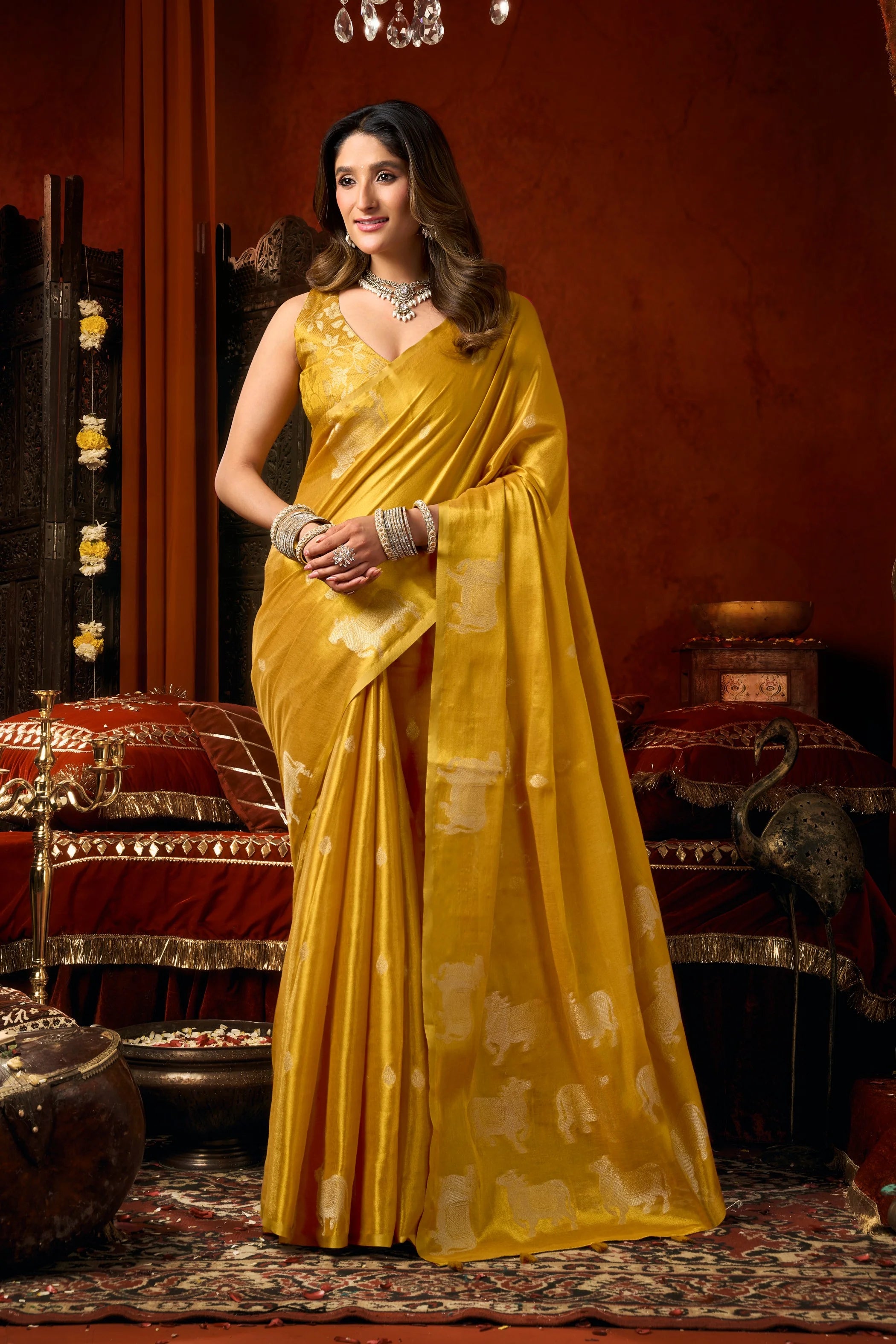 Tissue Cow Butta Festival Wear Mustard With Tassels