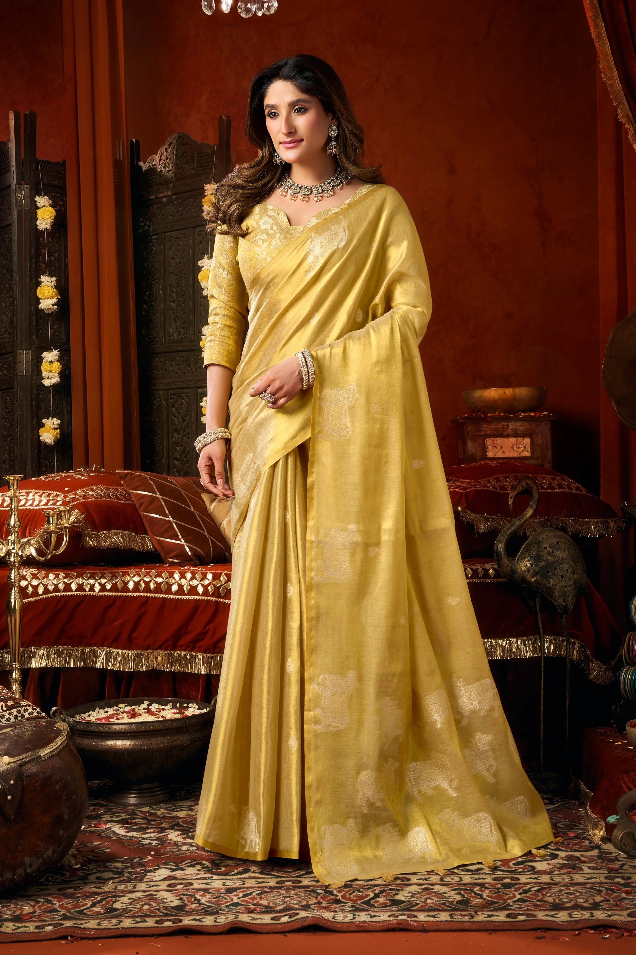 Tissue Cow Butta Festival Wear Yellow With Tassels