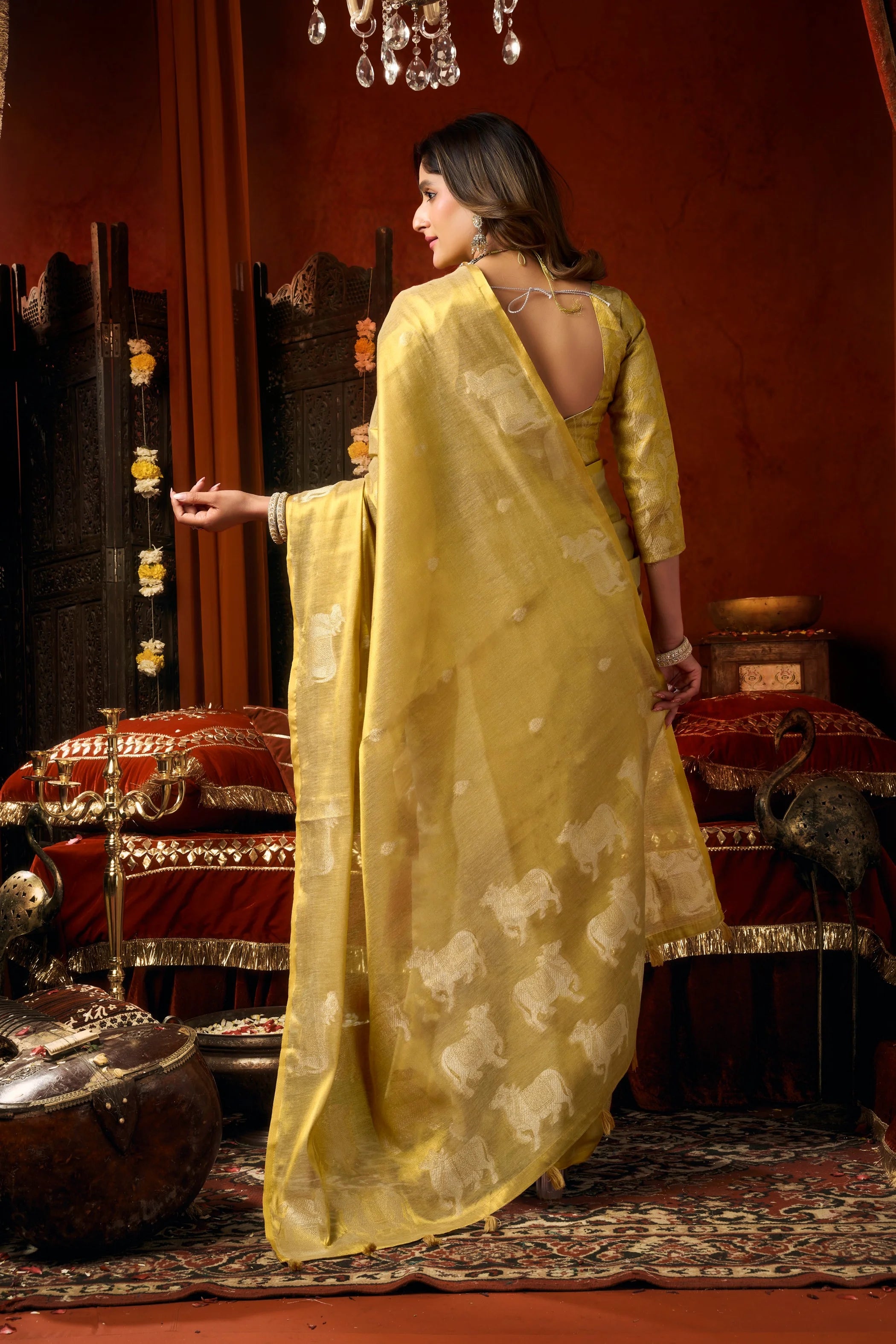 Tissue Cow Butta Festival Wear Yellow With Tassels