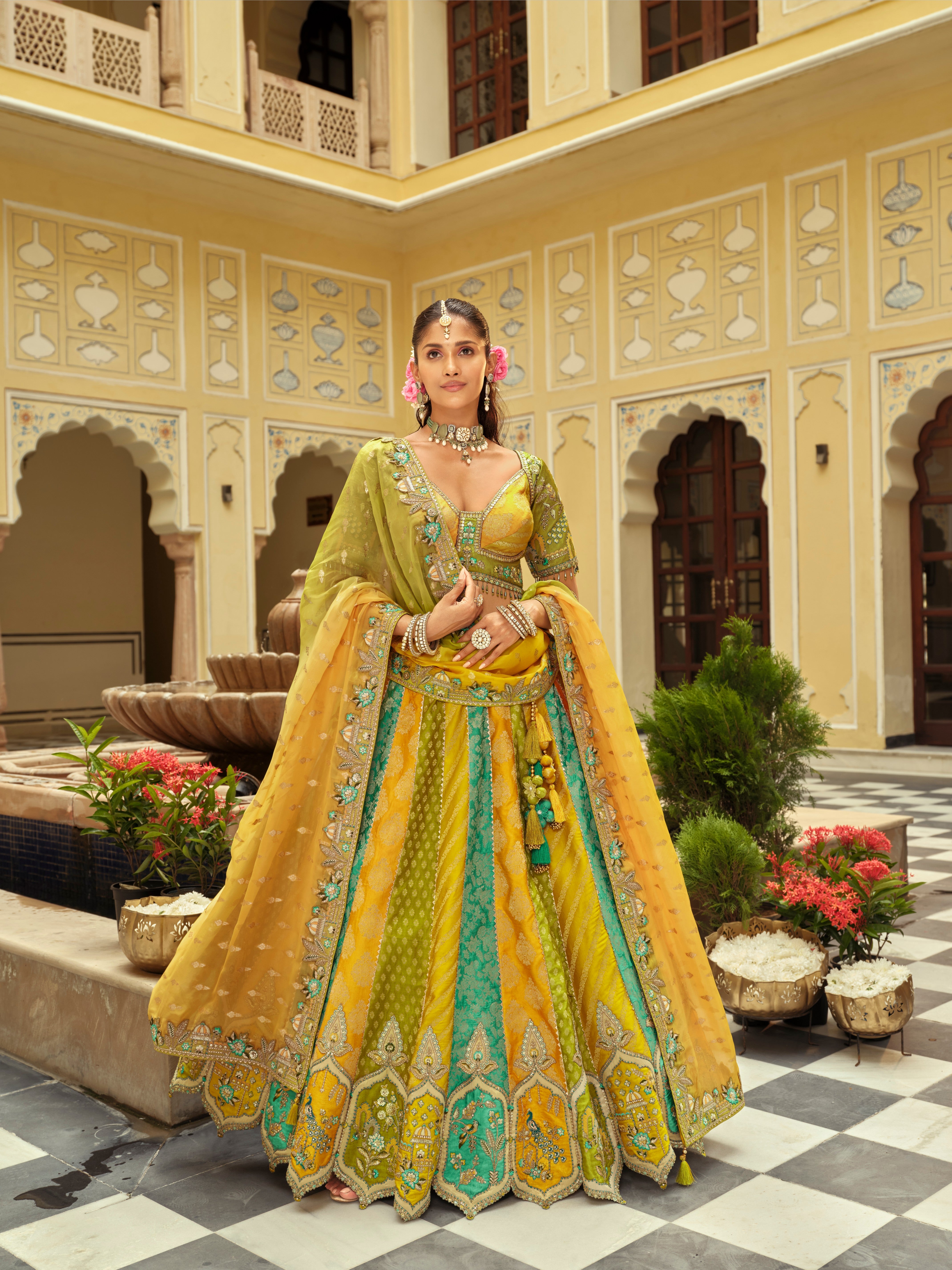 Green Silk Heavy Embroidery Work Lehenga
