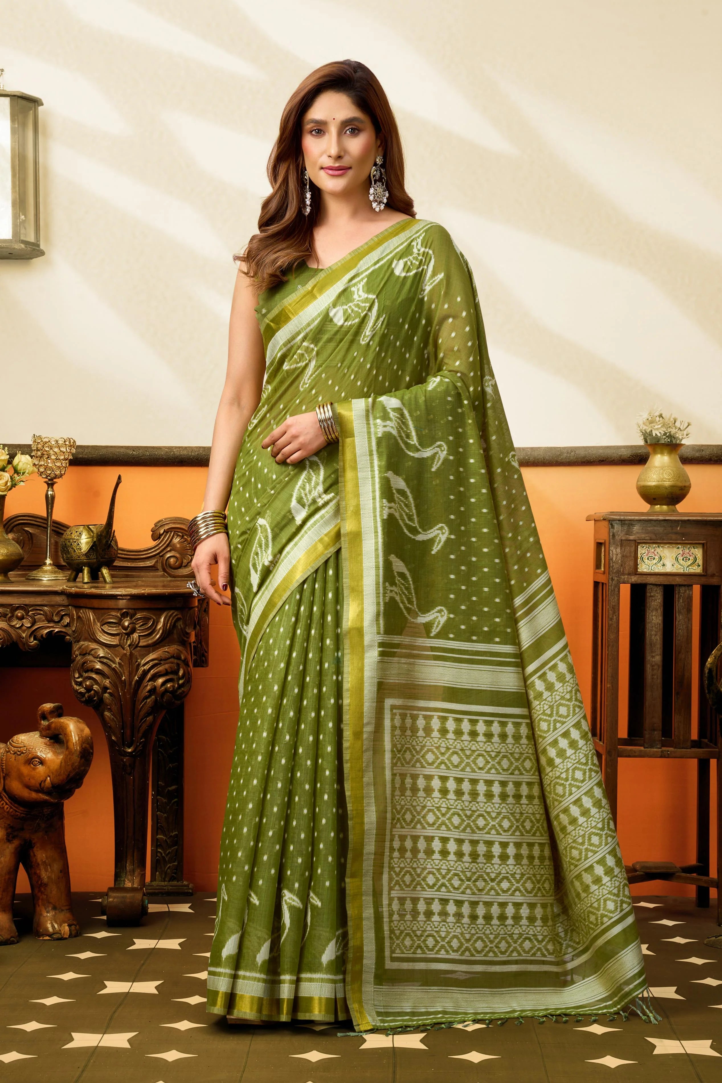 Cotton Casual Wear Olive With Jhallar Work