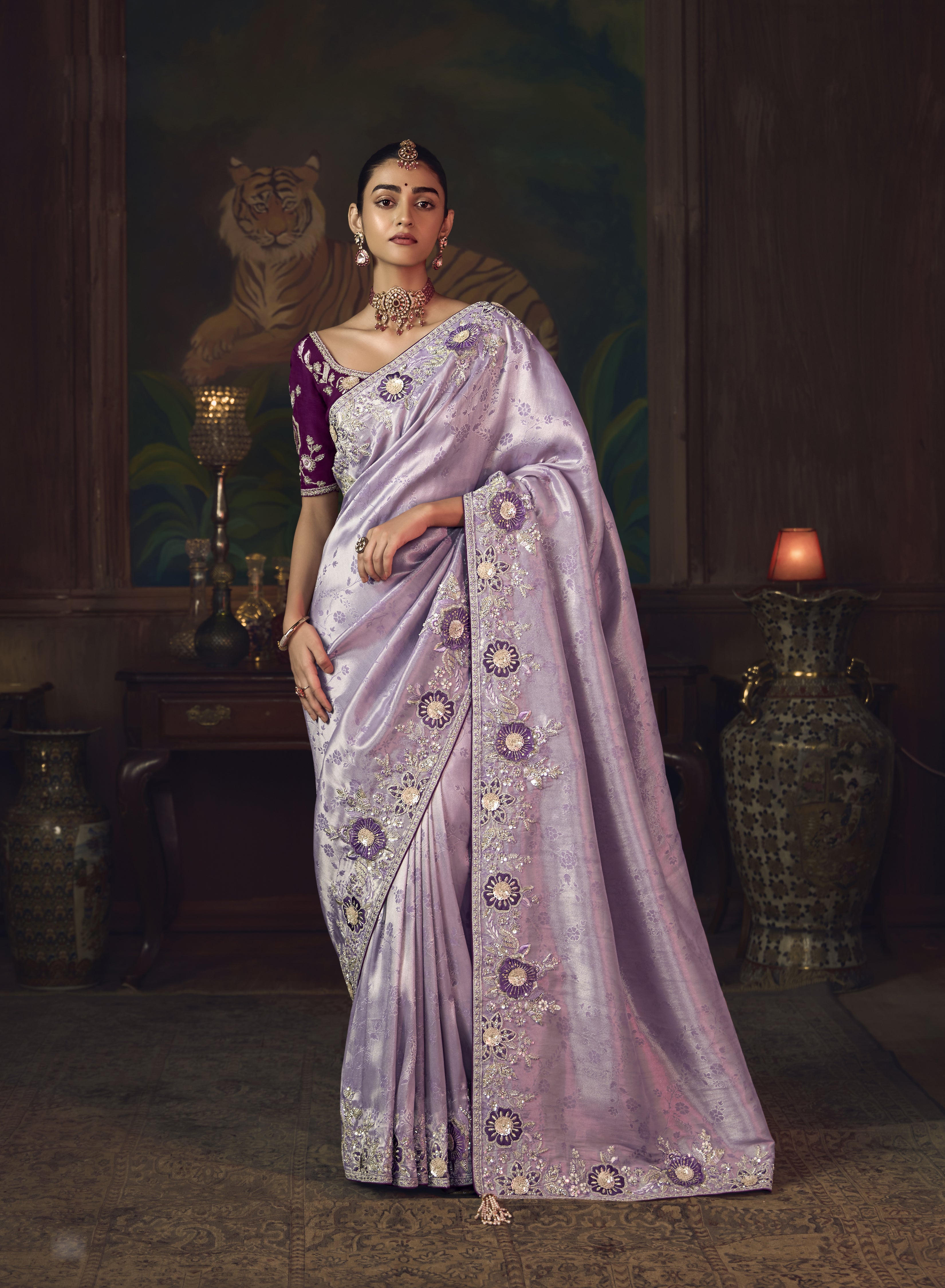 Lavender Purple Silk Heavy Embroidered Saree