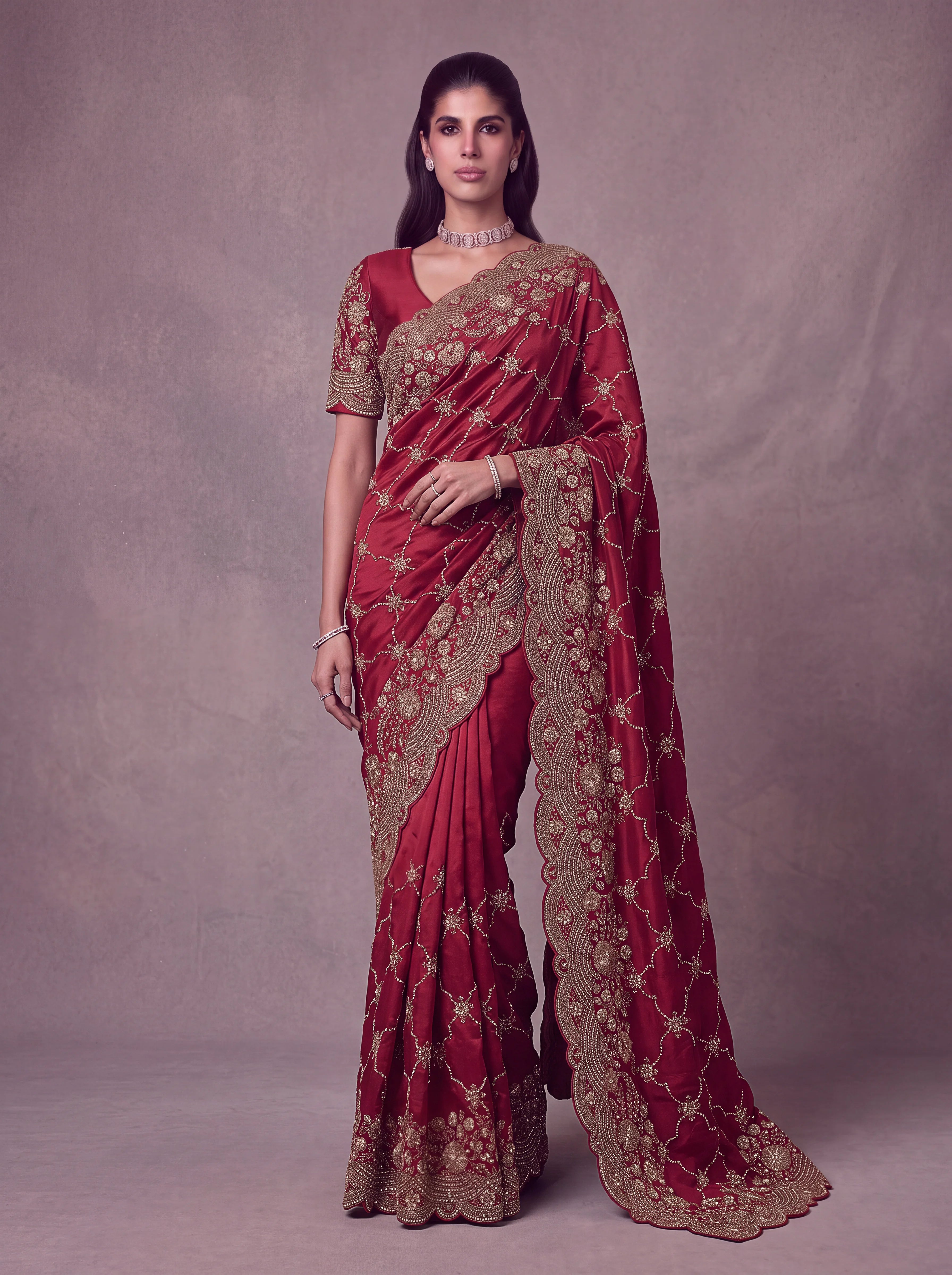 Satin Silk Wedding Wear Red With Dori Embroidery Work