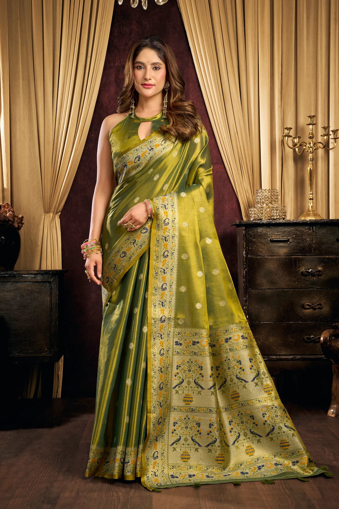 Tissue Silk Festival Wear Olive Green Saree