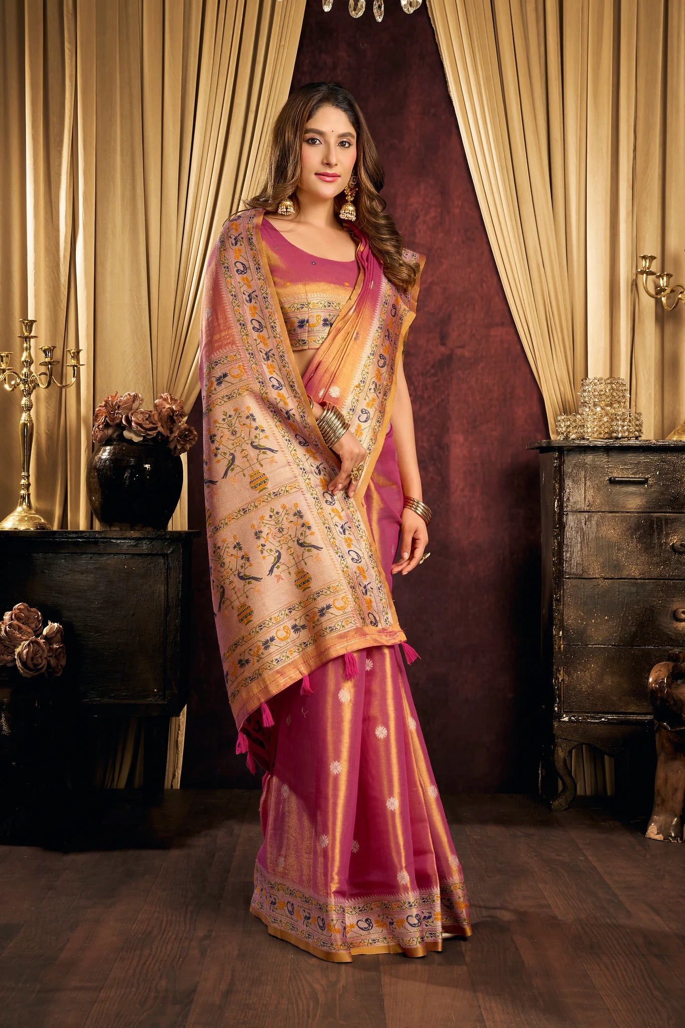 Tissue Silk Festival Wear Dark Coral Saree