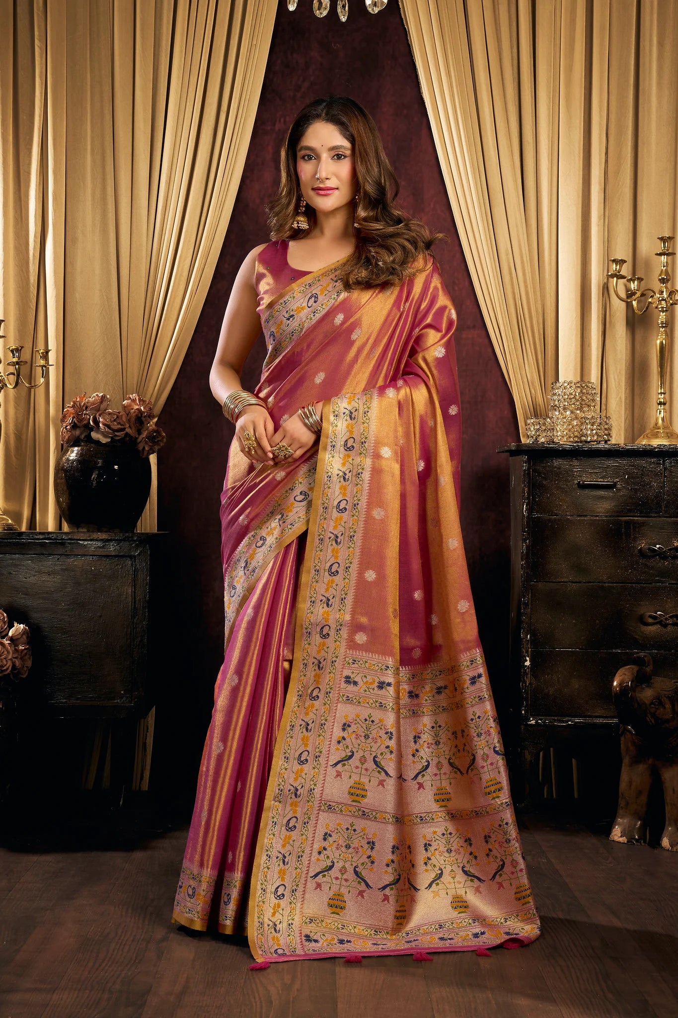 Tissue Silk Festival Wear Dark Coral Saree
