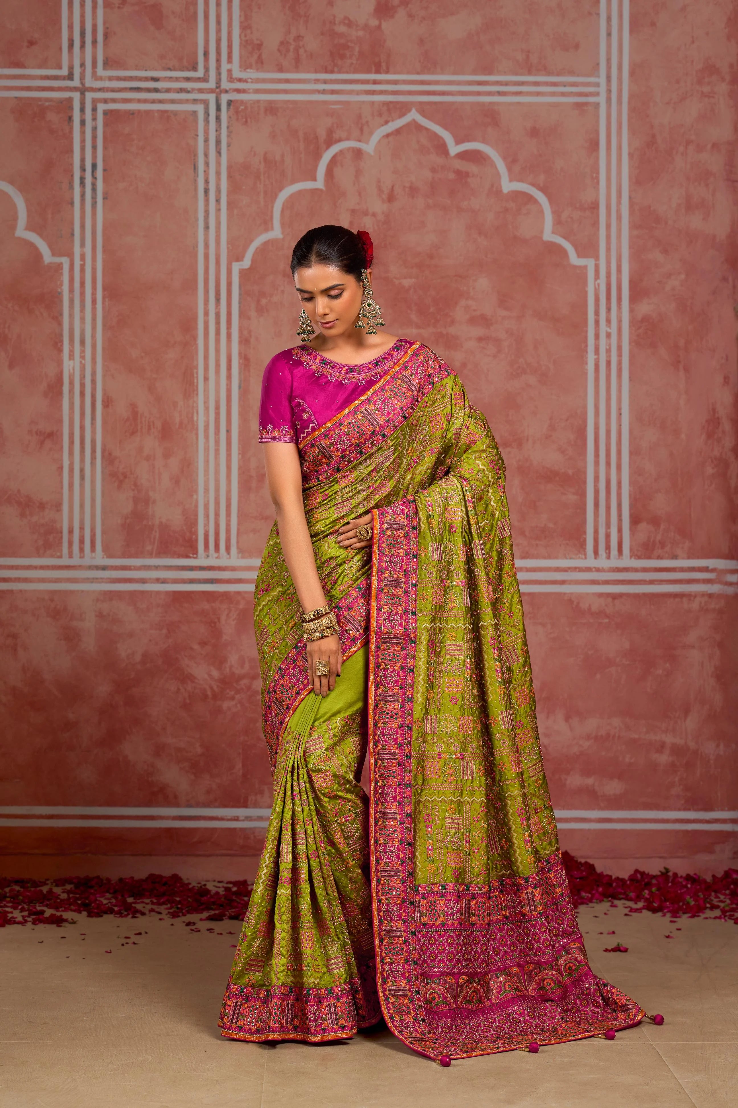 Pure Kachhi Wedding Wear Parrot With Mirror Work