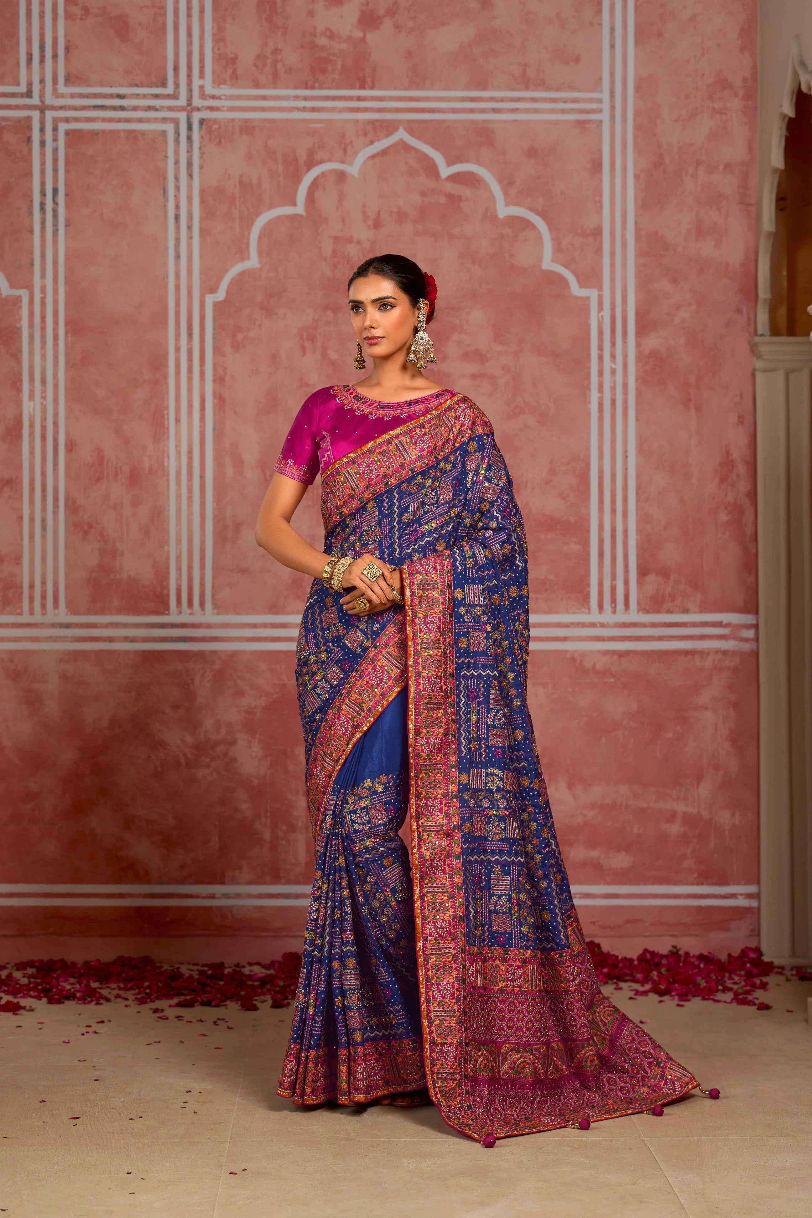 Pure Kachhi Wedding Wear Dark Blue With Mirror Work