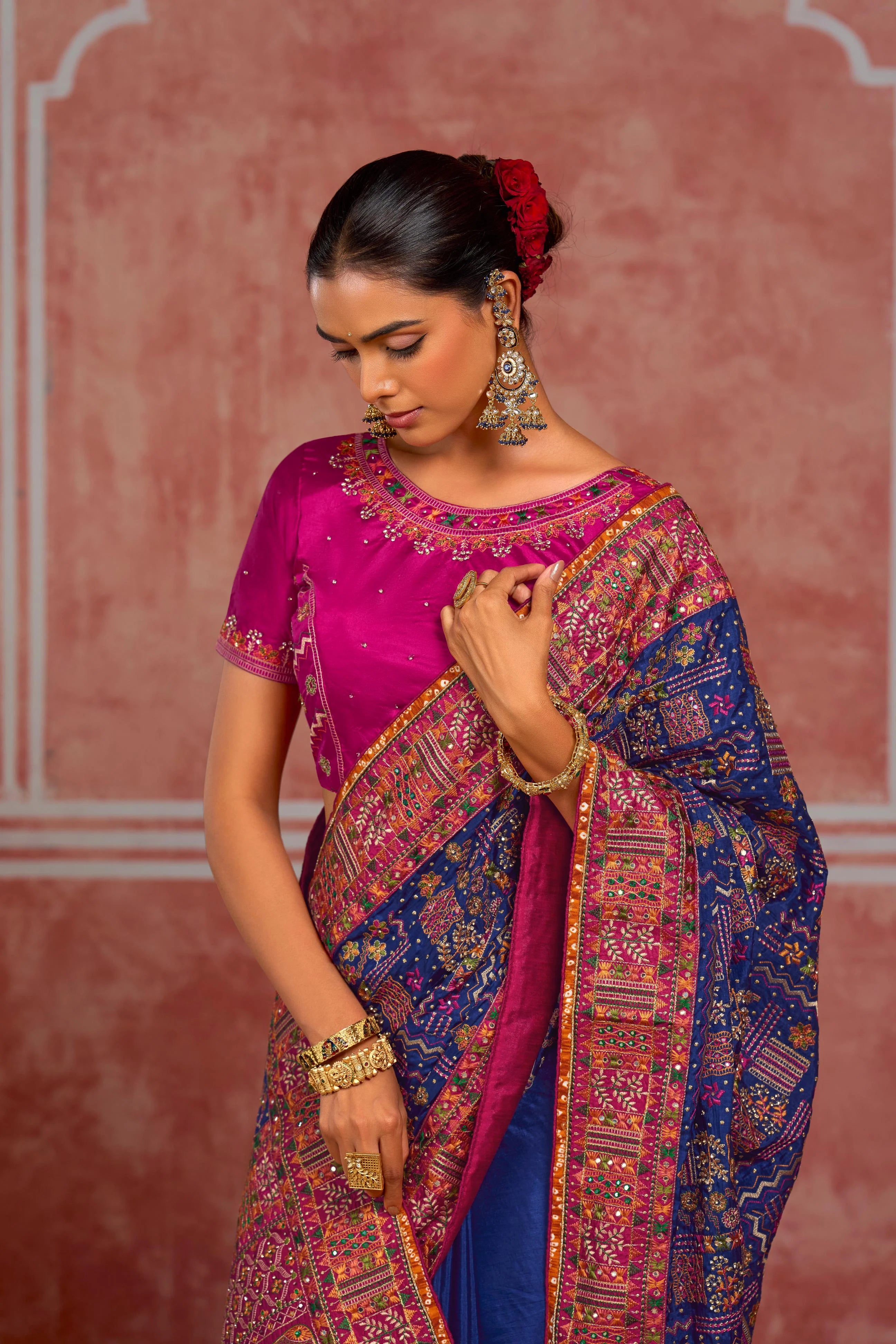 Pure Kachhi Wedding Wear Dark Blue With Mirror Work