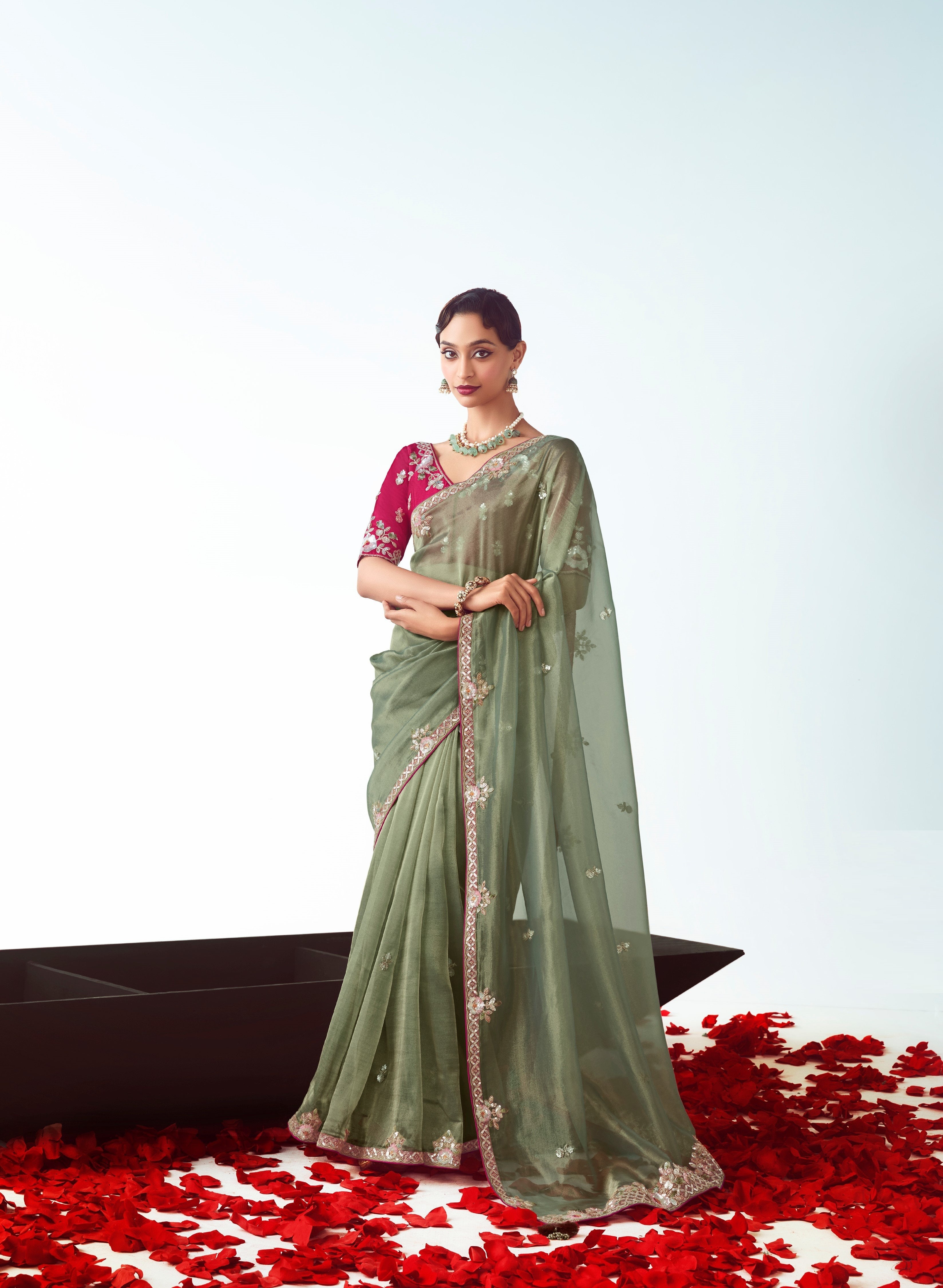 Green Organza Embroidery Party Wear Saree