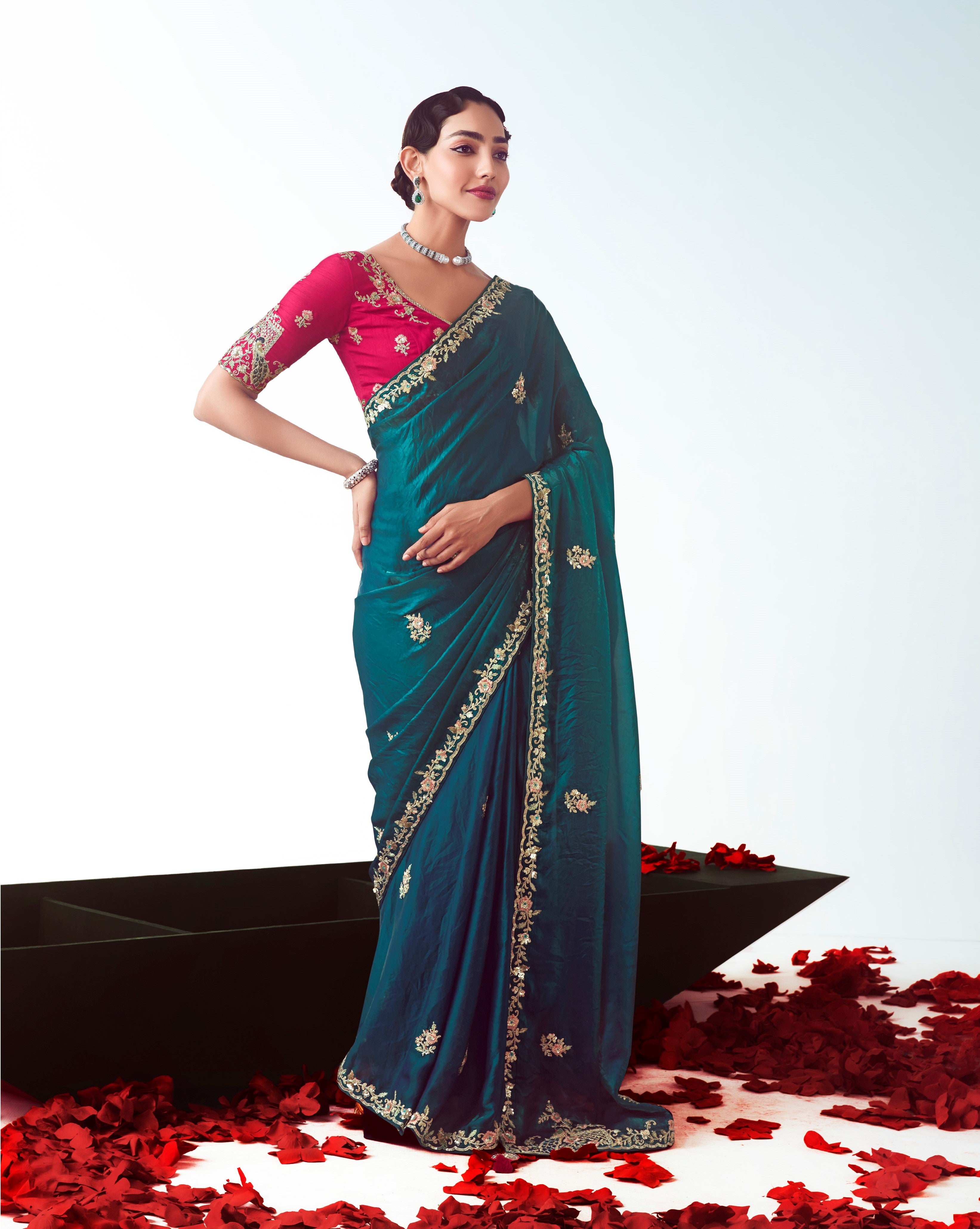 Blue Organza Embroidery Party Wear Saree