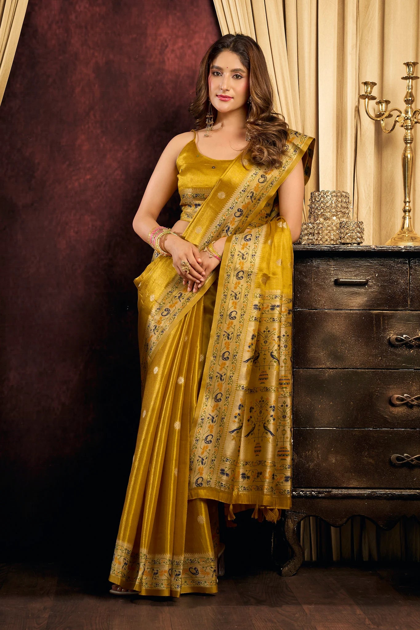 Tissue Silk Festival Wear Mustard Yellow Saree