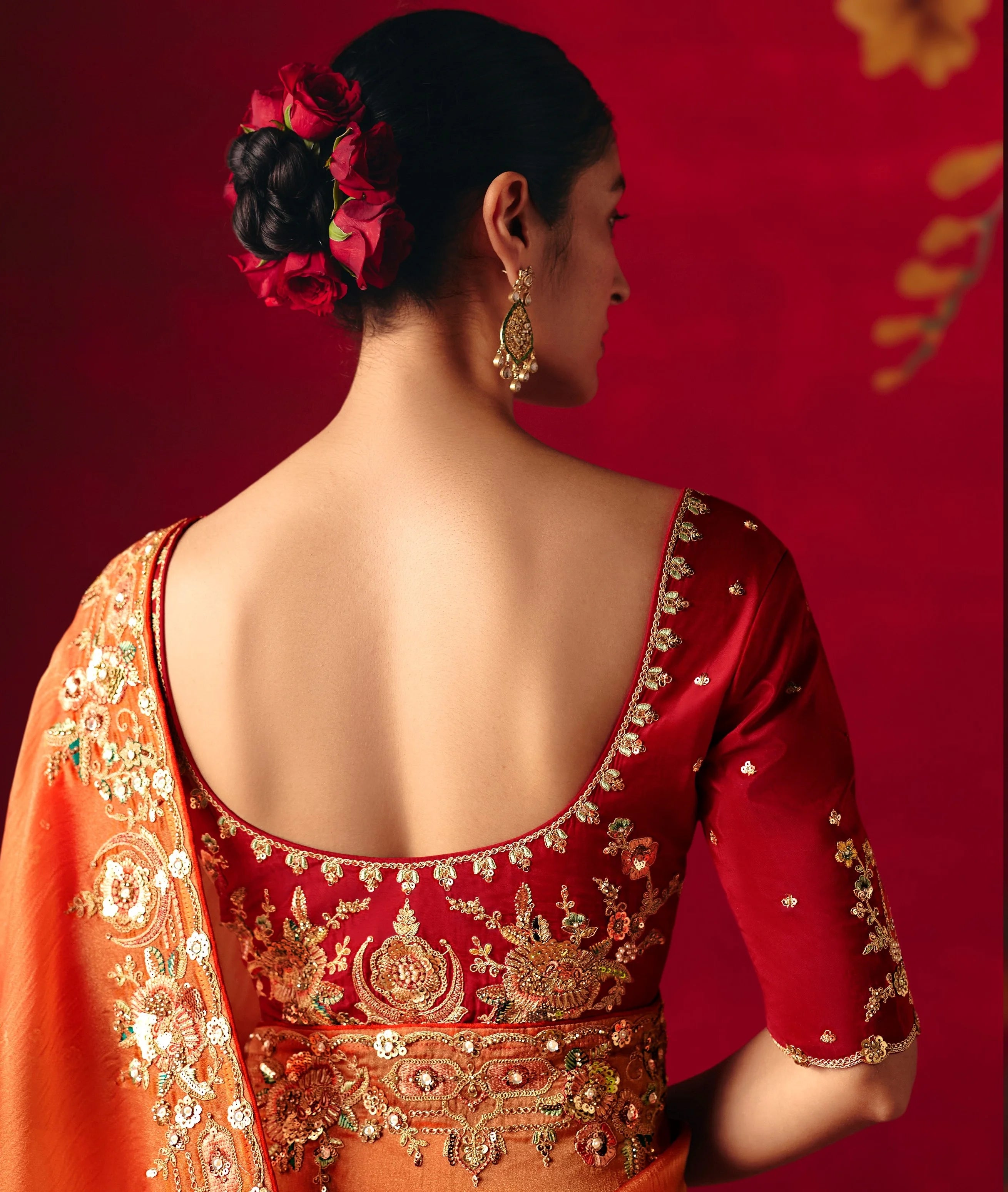 Organza Tissue Party Wear Orange With Embroidered Work