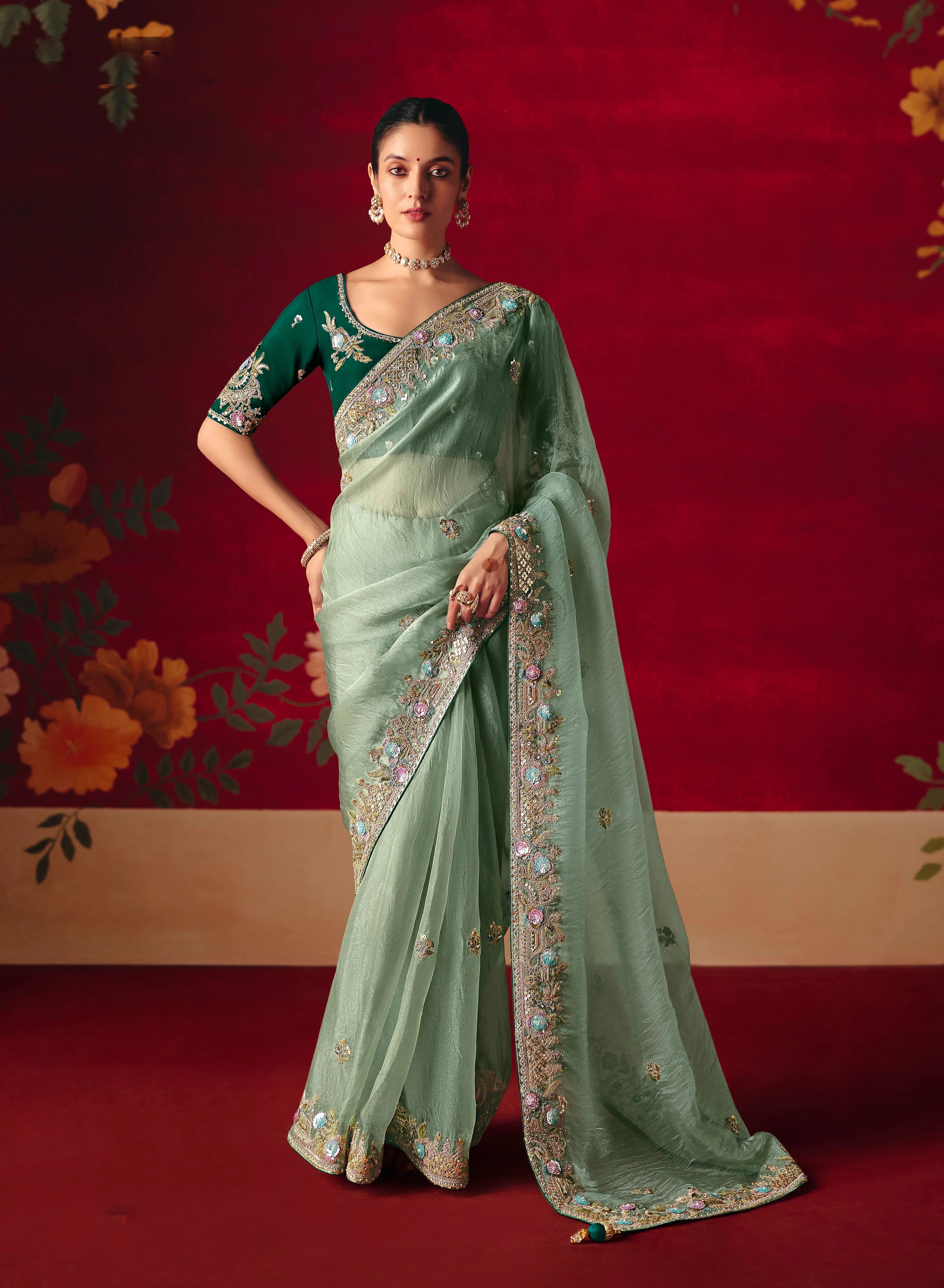 Organza Tissue Party Wear Sea Green With Embroidered Work