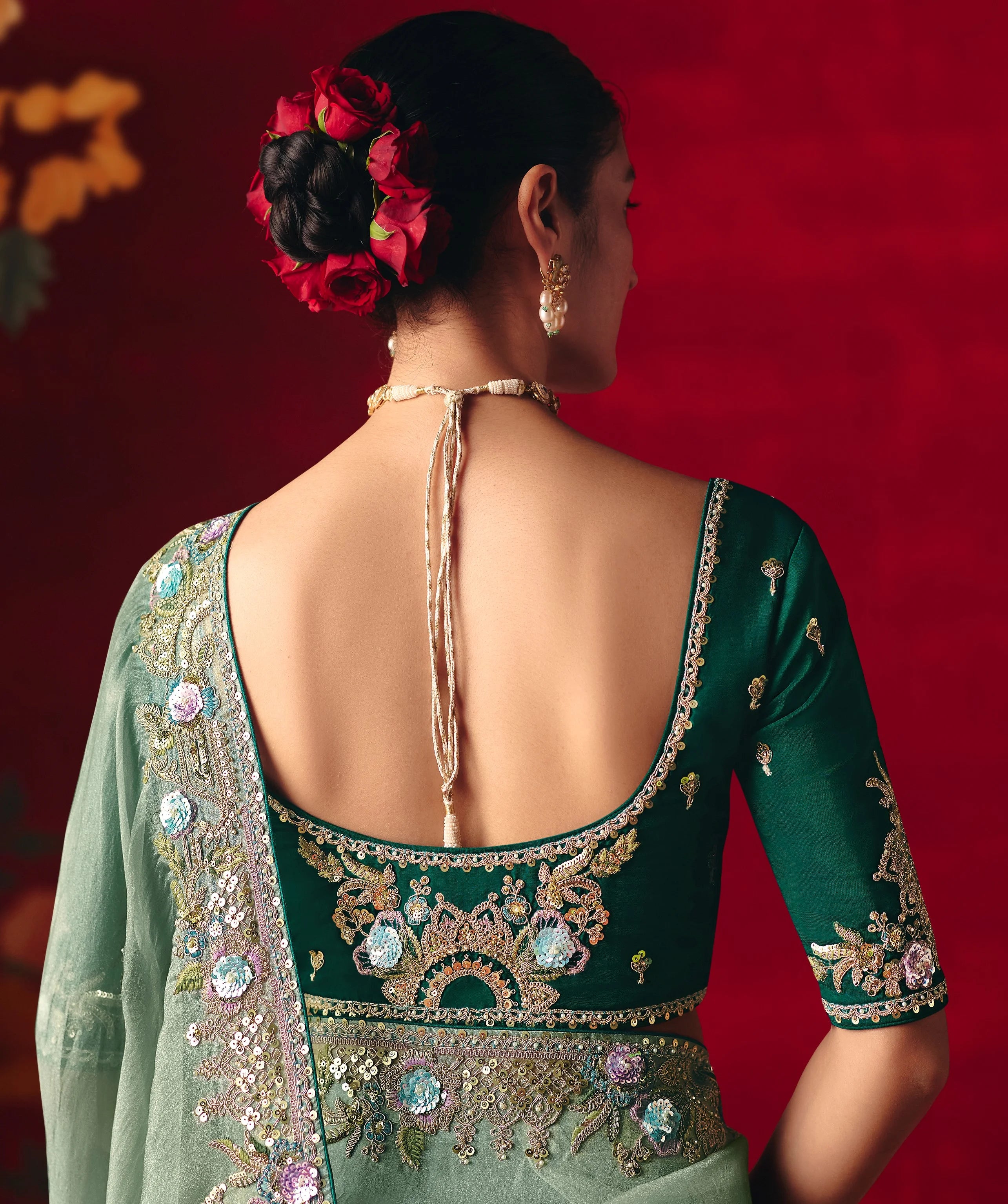 Organza Tissue Party Wear Sea Green With Embroidered Work