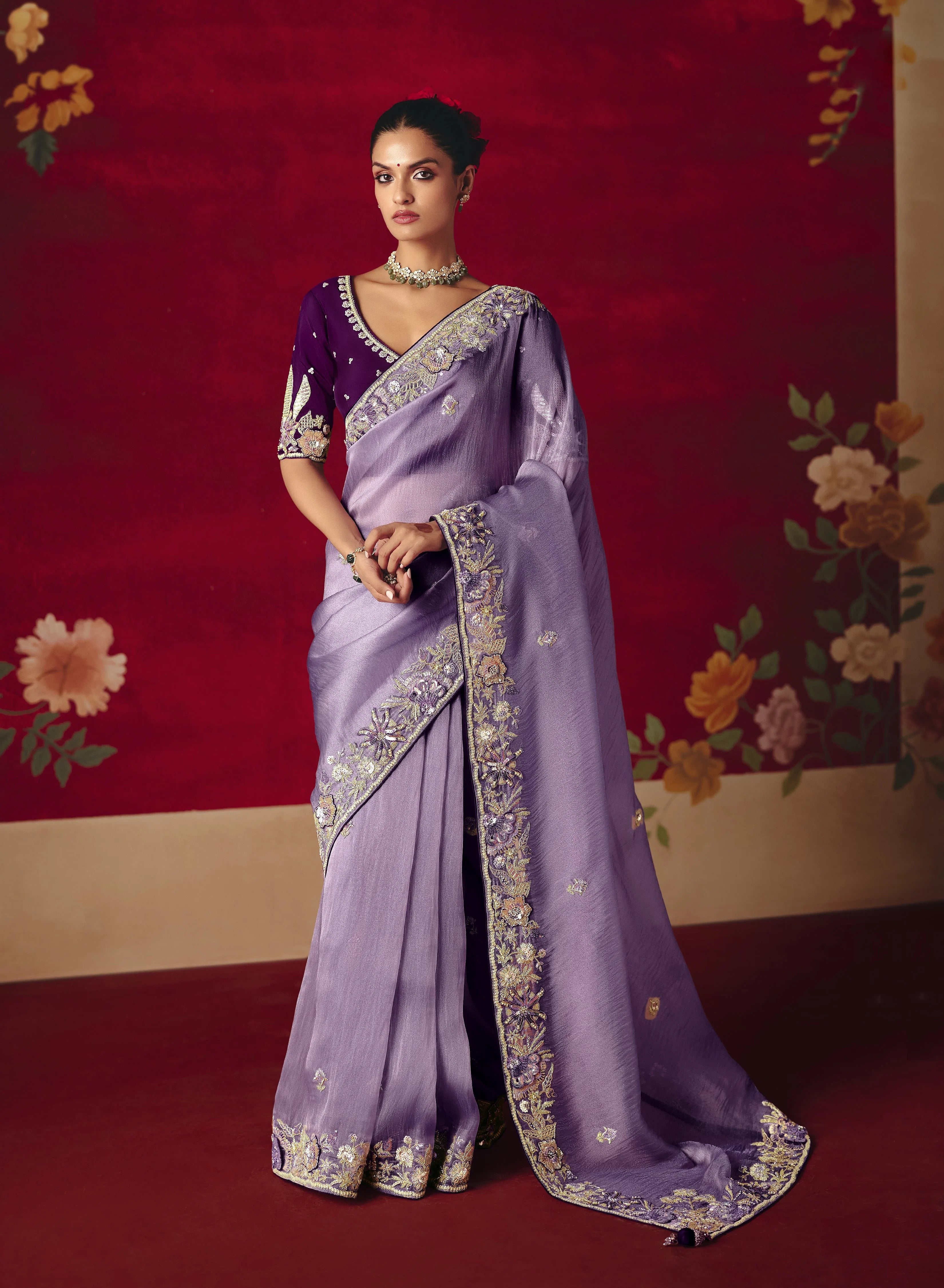 Organza Tissue Party Wear Purple With Embroidered Work