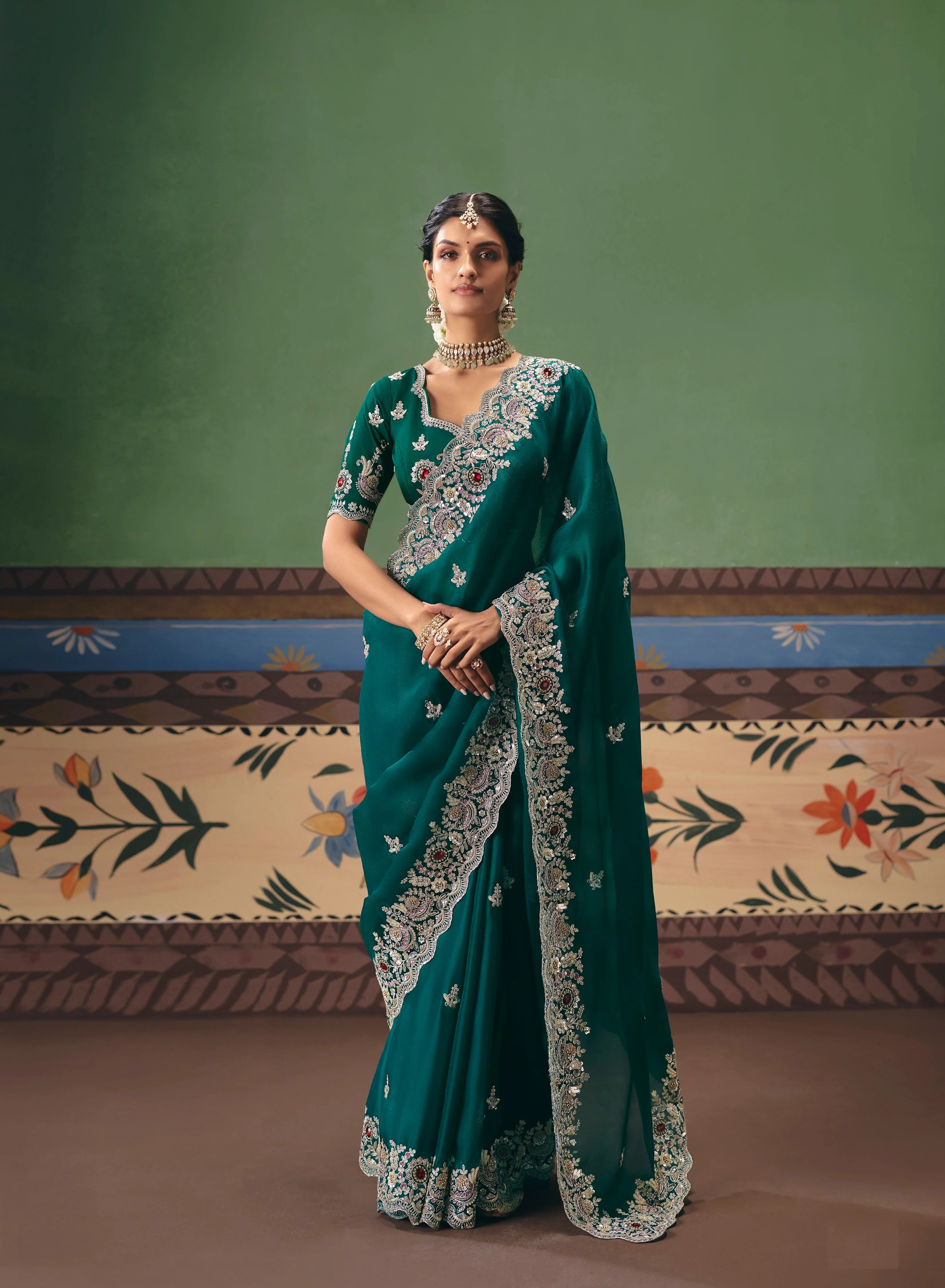 Georgette Silk Party Wear Teal With Sequence Work
