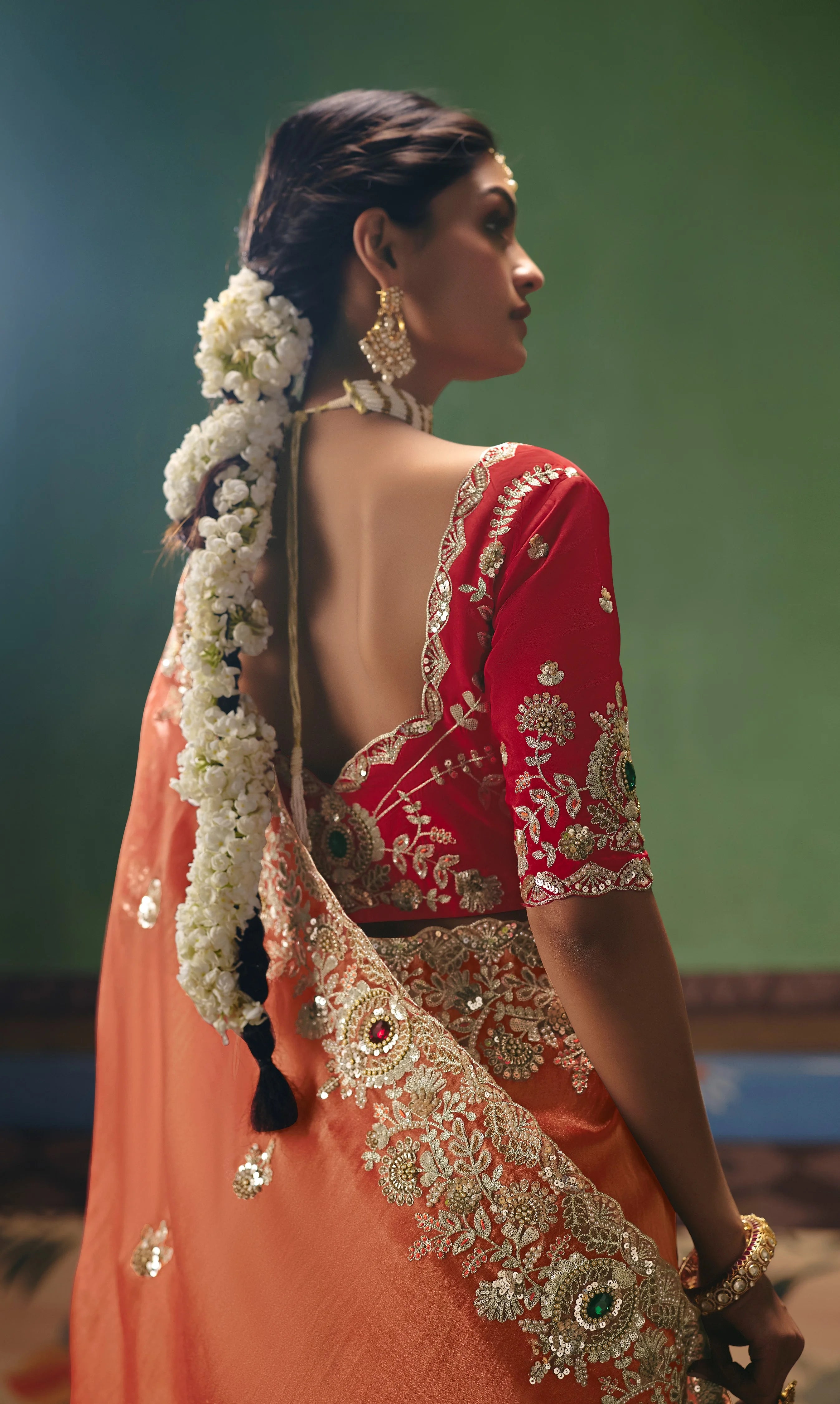 Organza Tissue Party Wear Rust Orange With Sequence Work