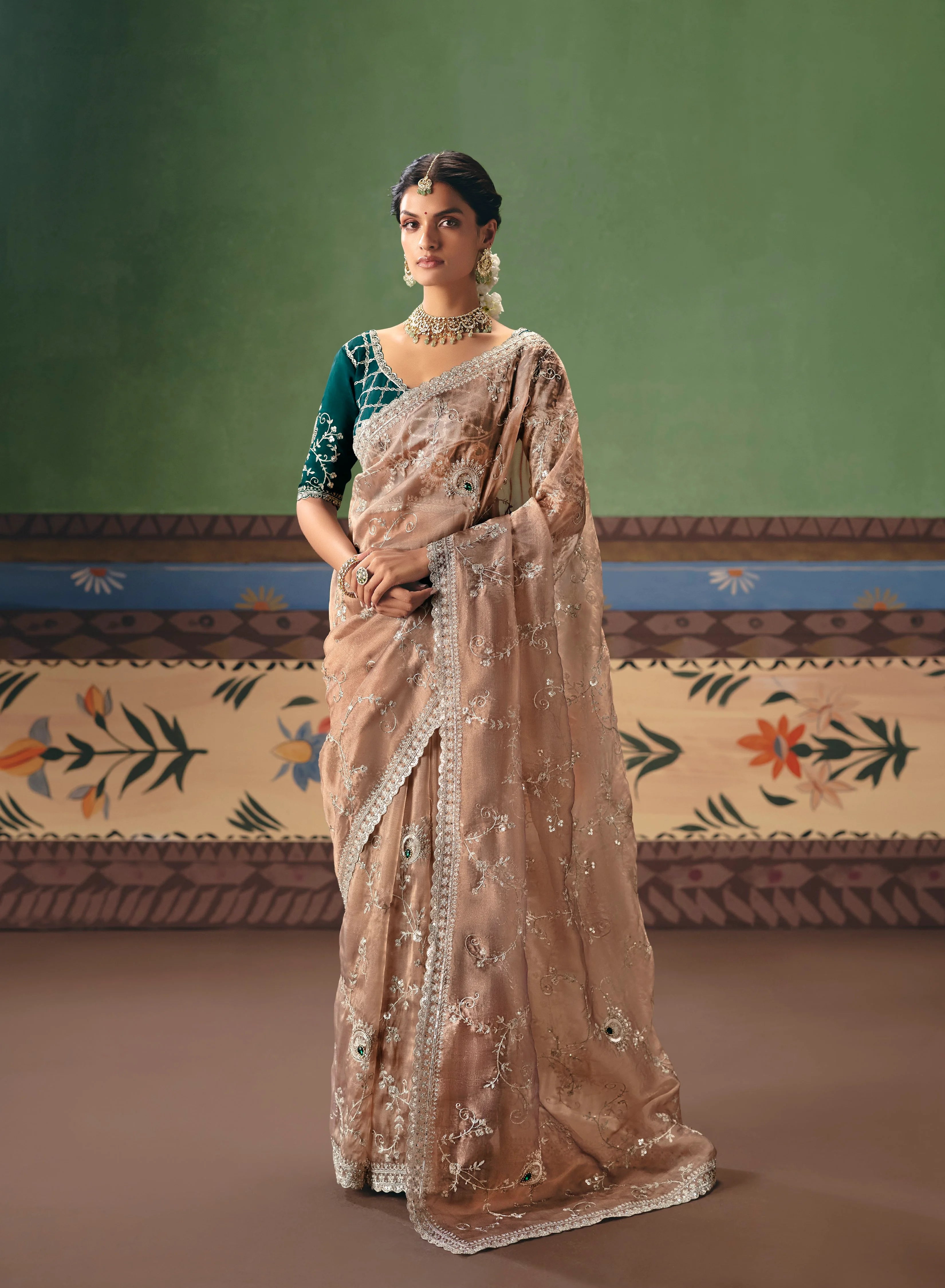 Organza Tissue Party Wear Beige With Sequence Work