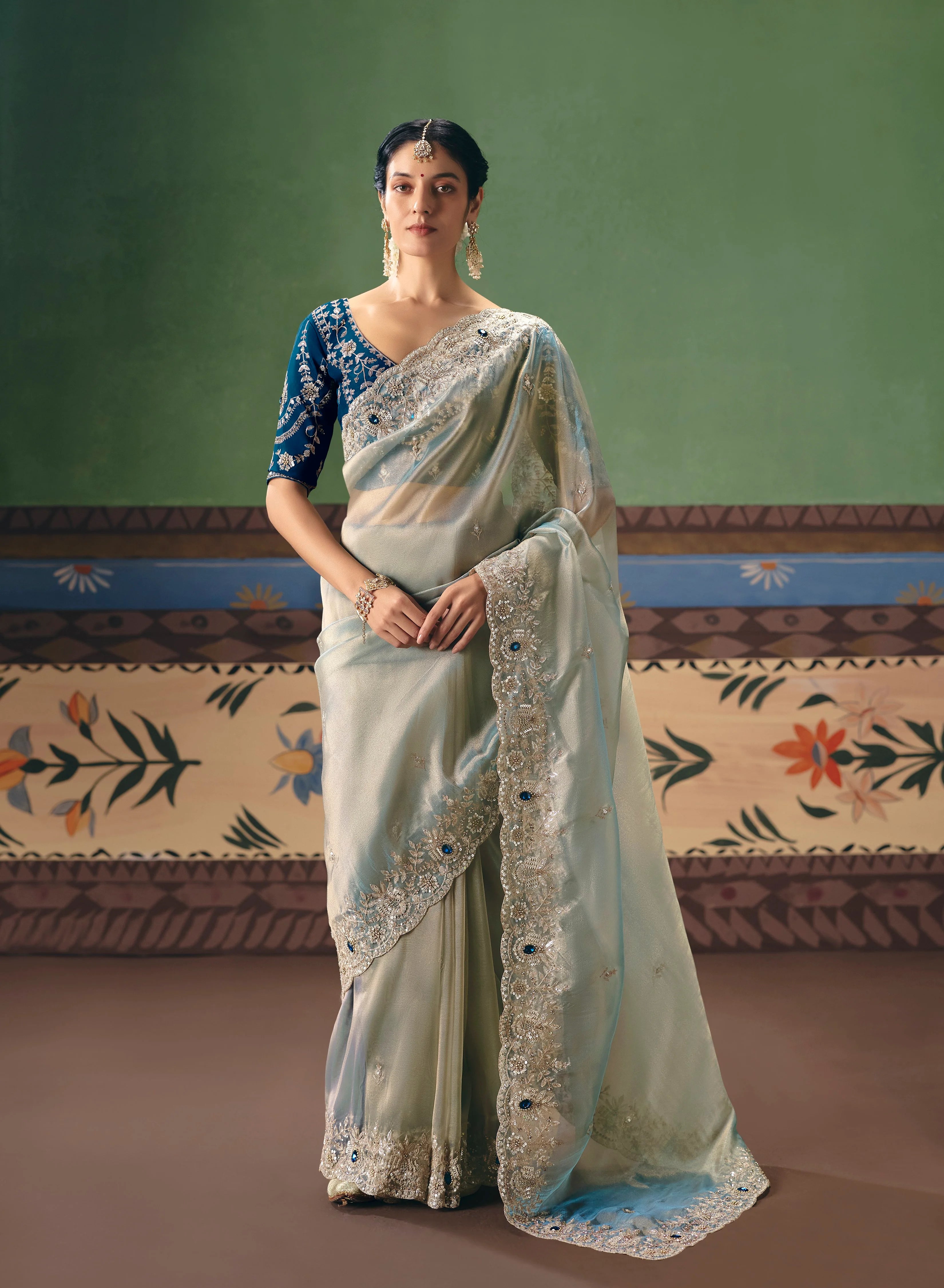 Organza Tissue Party Wear Ice Blue With Sequence Work