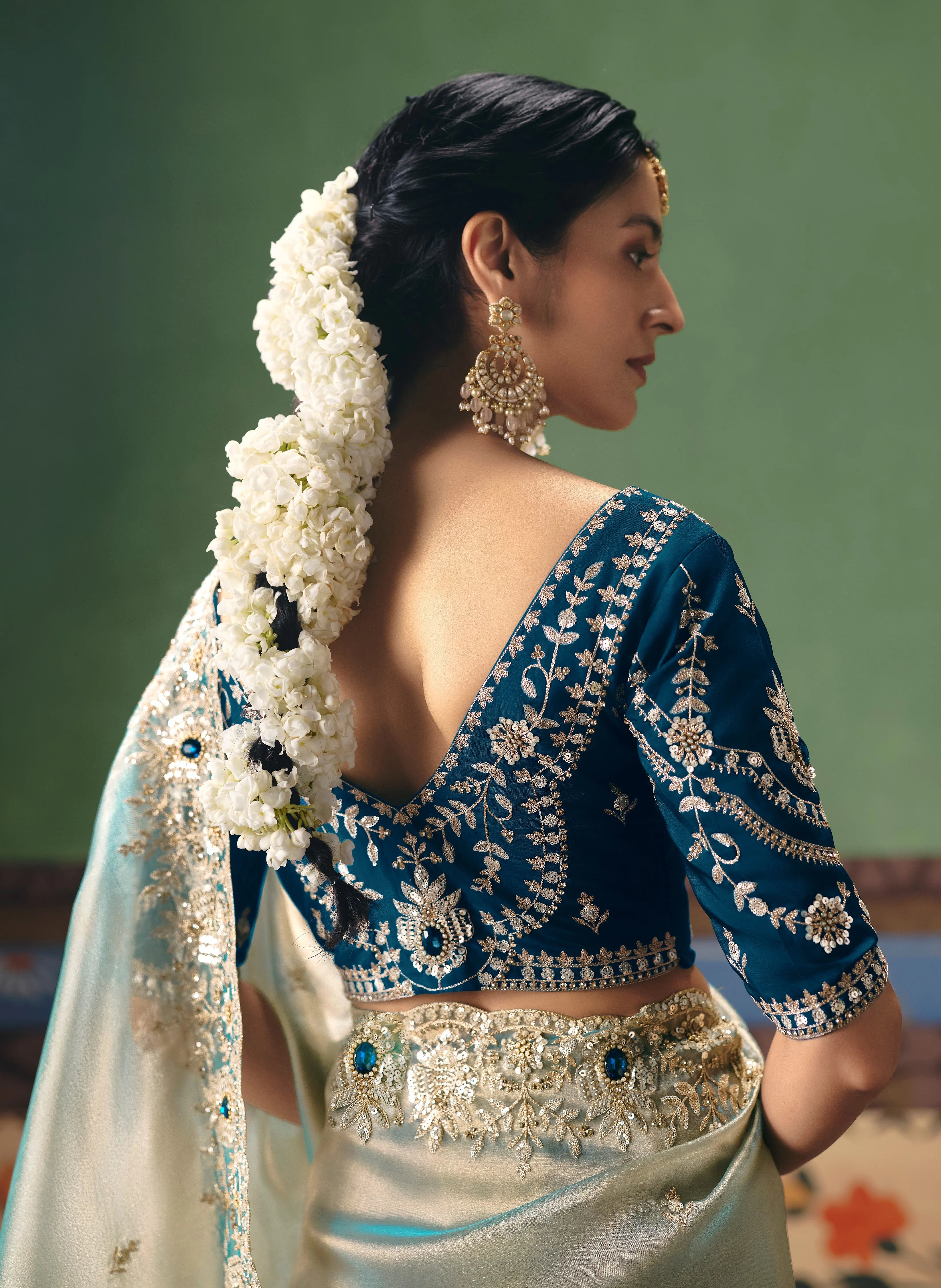 Organza Tissue Party Wear Ice Blue With Sequence Work